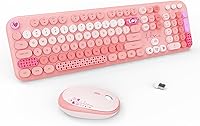 Vista 14 de Combo de teclado y mouse inalámbricos, 104 teclas redondas, lindo teclado y mouse coloridos con máquina de escribir retro para PC/Mac/computadora
