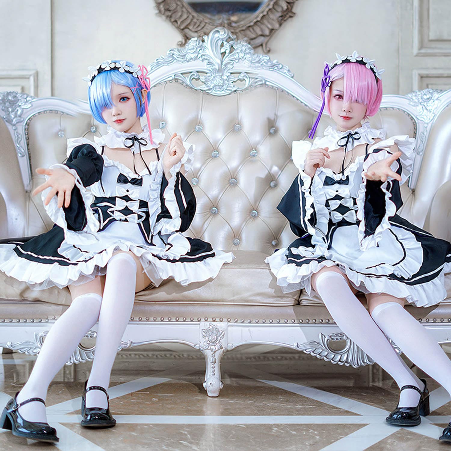 Anime Rem Ram Cosplay Costume Vestito Re Life In A Different World From Zero Gioco di Ruolo Uniforme Set Completo Halloween Carnevale Dress Up Suit con Parrucca per Donne