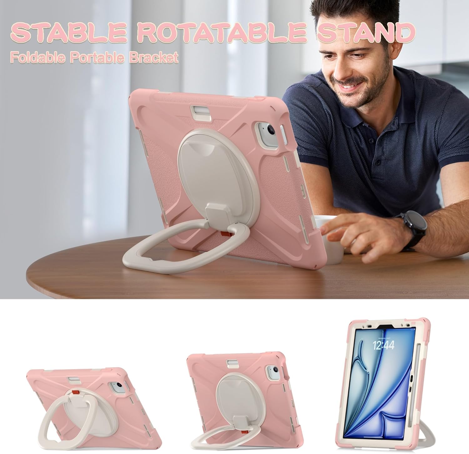 Anti-yellowing tablet cover Case Compatible with iPad Air 11inch (M3 2025 7th/M2 2024 6th),Heavy Duty TPU Shockproof Kids Case,360 Degree Rotating Multi-Function Grip Bracket+Shoulder Strap Rugged Cov
