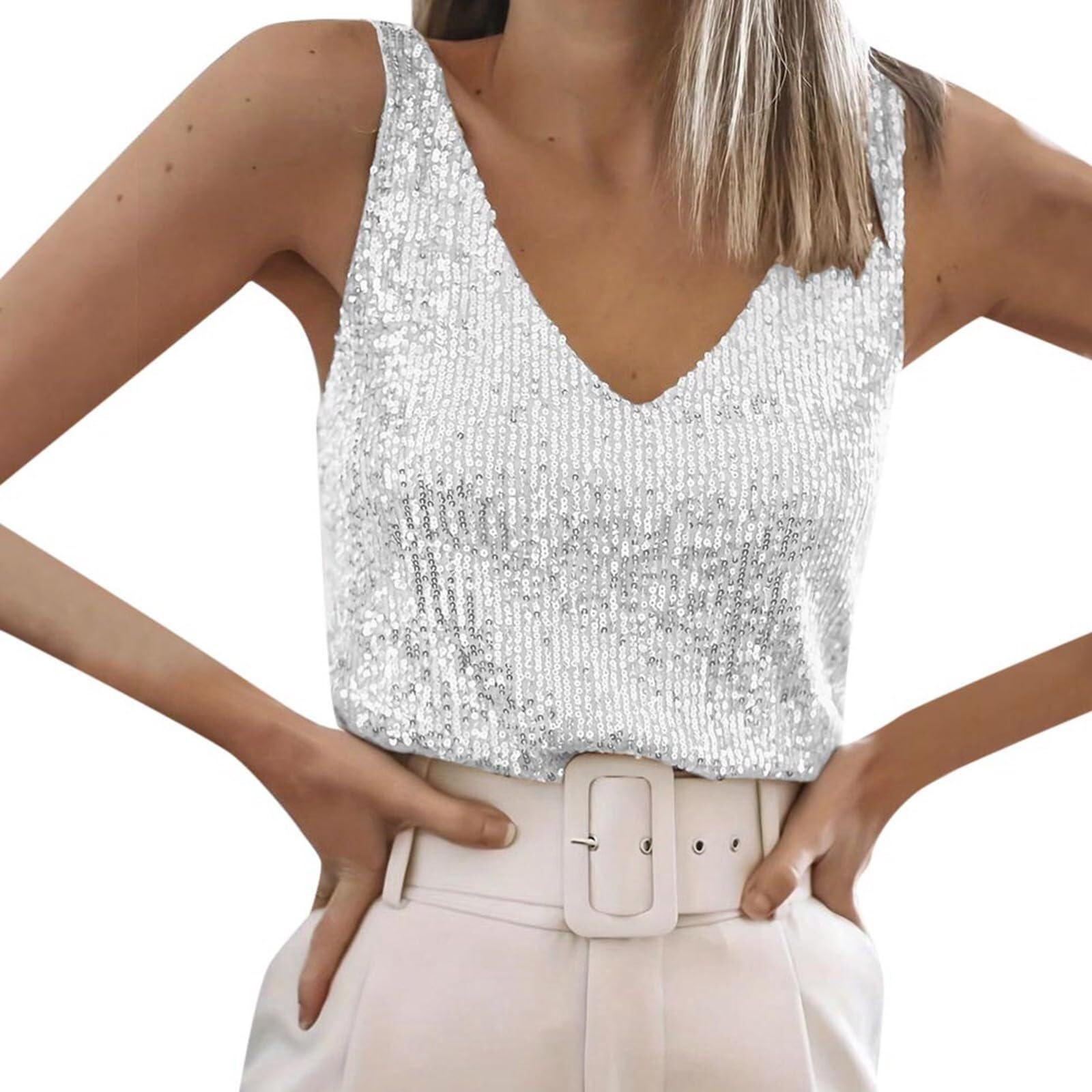 Mujer Brillo Top V Cuello Fiesta Lentejuelas Sin Mangas Plata Concierto