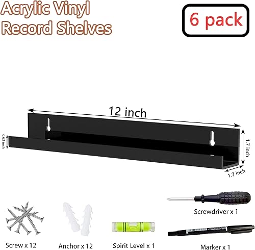 Miniatura 10 de Hexsonhoma Soporte de pared para discos de vinilo negro de 12 pulgadas, estante de acrílico para pared, soporte para exhibición de discos de vinilo,