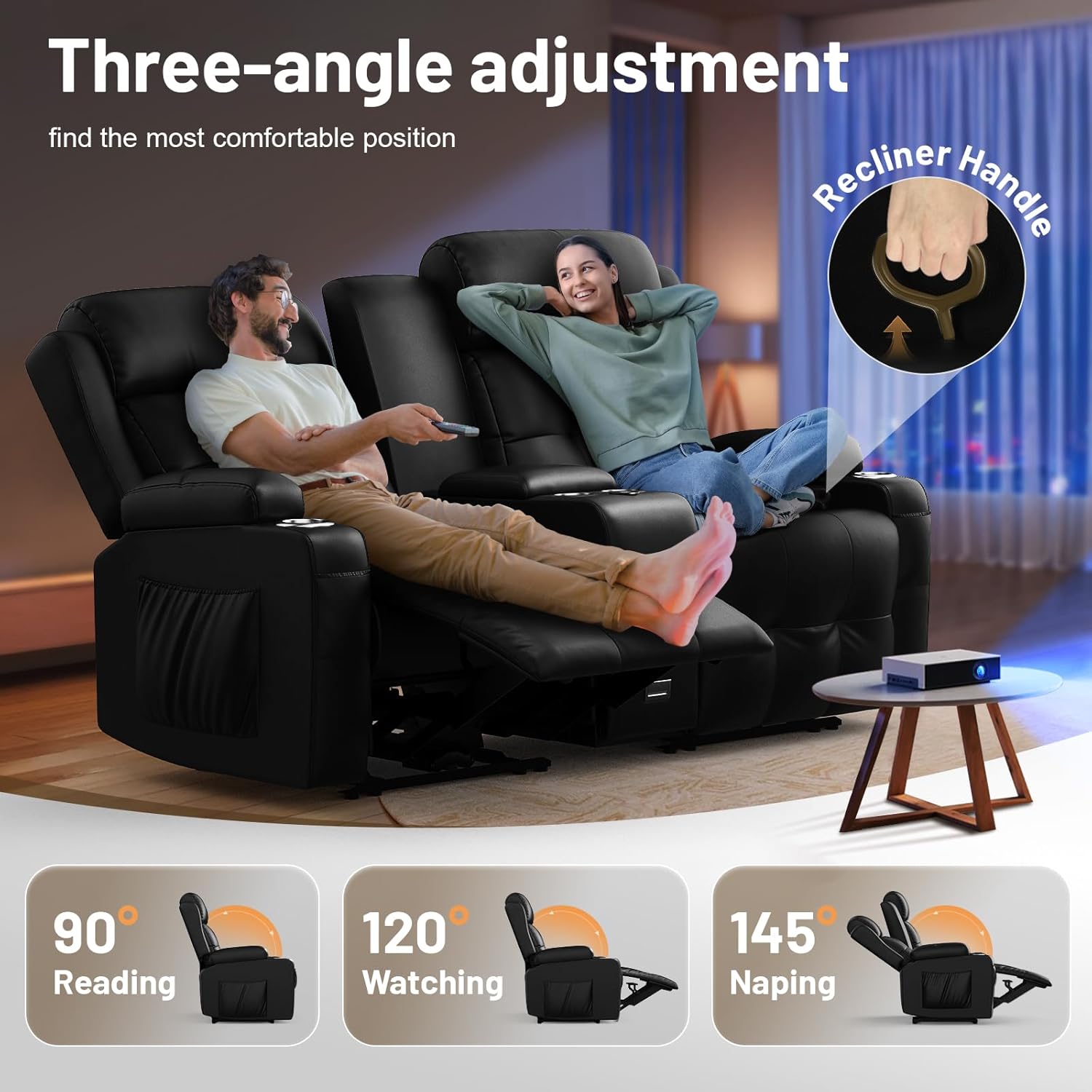 Loveseat Recliner Sofa, Home Theater Seating Massage Reclining Couch with USB, Center Console, Wall Hugger RV Recliners, 145° Recline & Cup Holders & Side Pockets,for RV & Movie Room