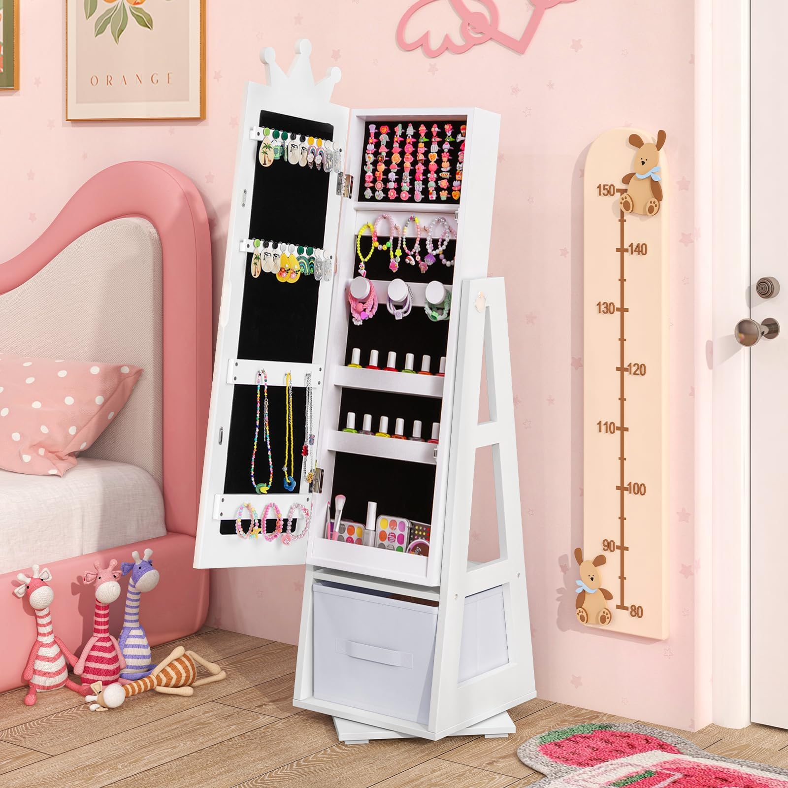 FANTASK Armoire à bijoux 3 en 1 pour enfants - Pivote à 360° - Avec miroir pleine longueur et panier de rangement - Blanc - Étagère à bijoux - Miroir de maquillage en forme de couronne - Pour enfants