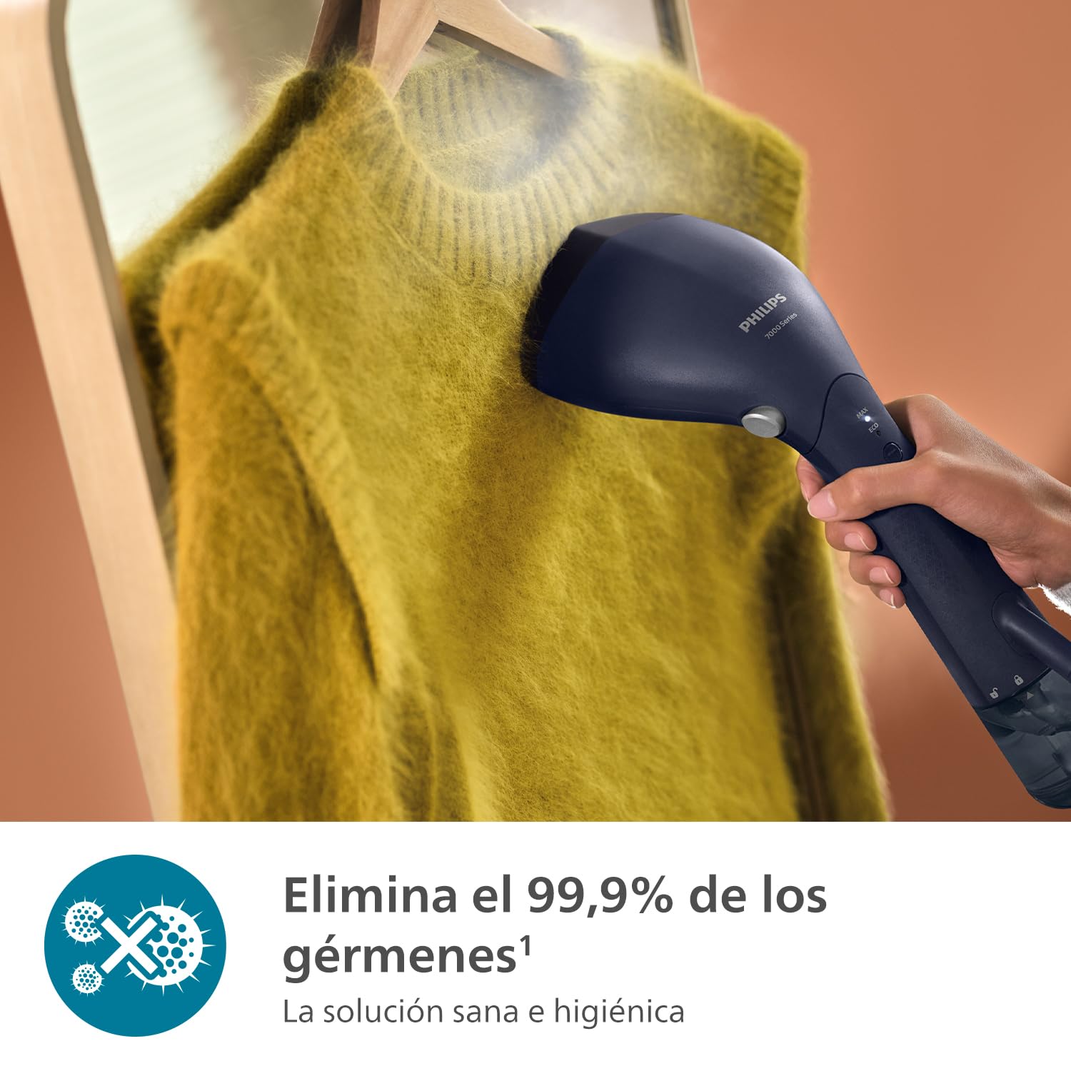 Philips Serie 7000 Vaporizador de Mano - 1500 W, 28 g/min de Vapor Continuo. Optimal Temp. Suela de Metal, Depósito Extraíble 100 ml. Funda de Viaje Incluida, Deep Azur (STH7020/20)