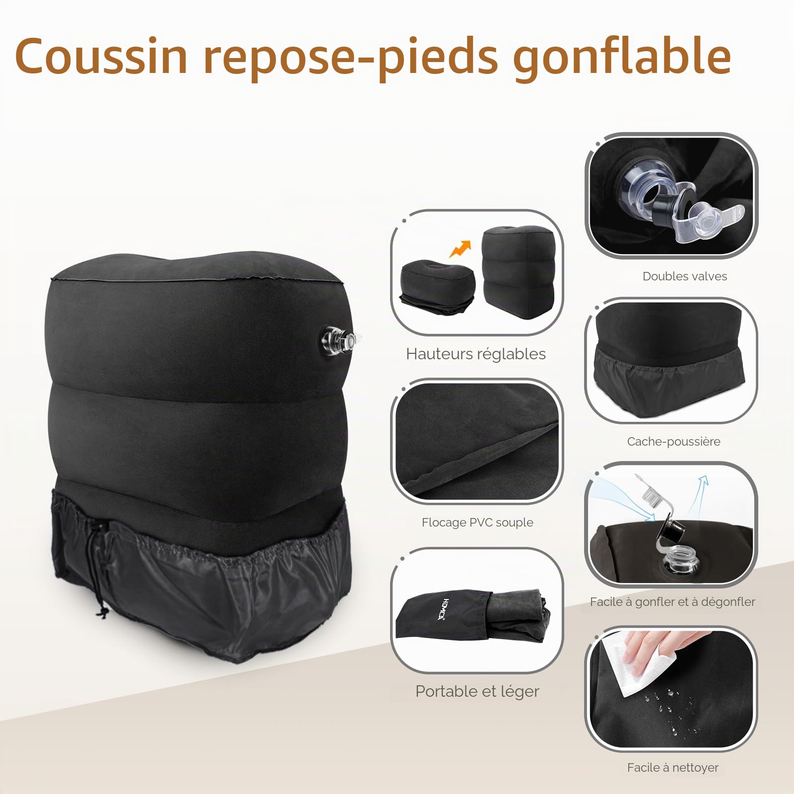 HOMCA Repose Pieds Gonflable à Hauteur Réglable, Paquet de 2, Noir | Repose-pieds Portable pour Voyager en Voiture, Train et Avion, Repose-Pied Coussin pour Les Enfants de Repos