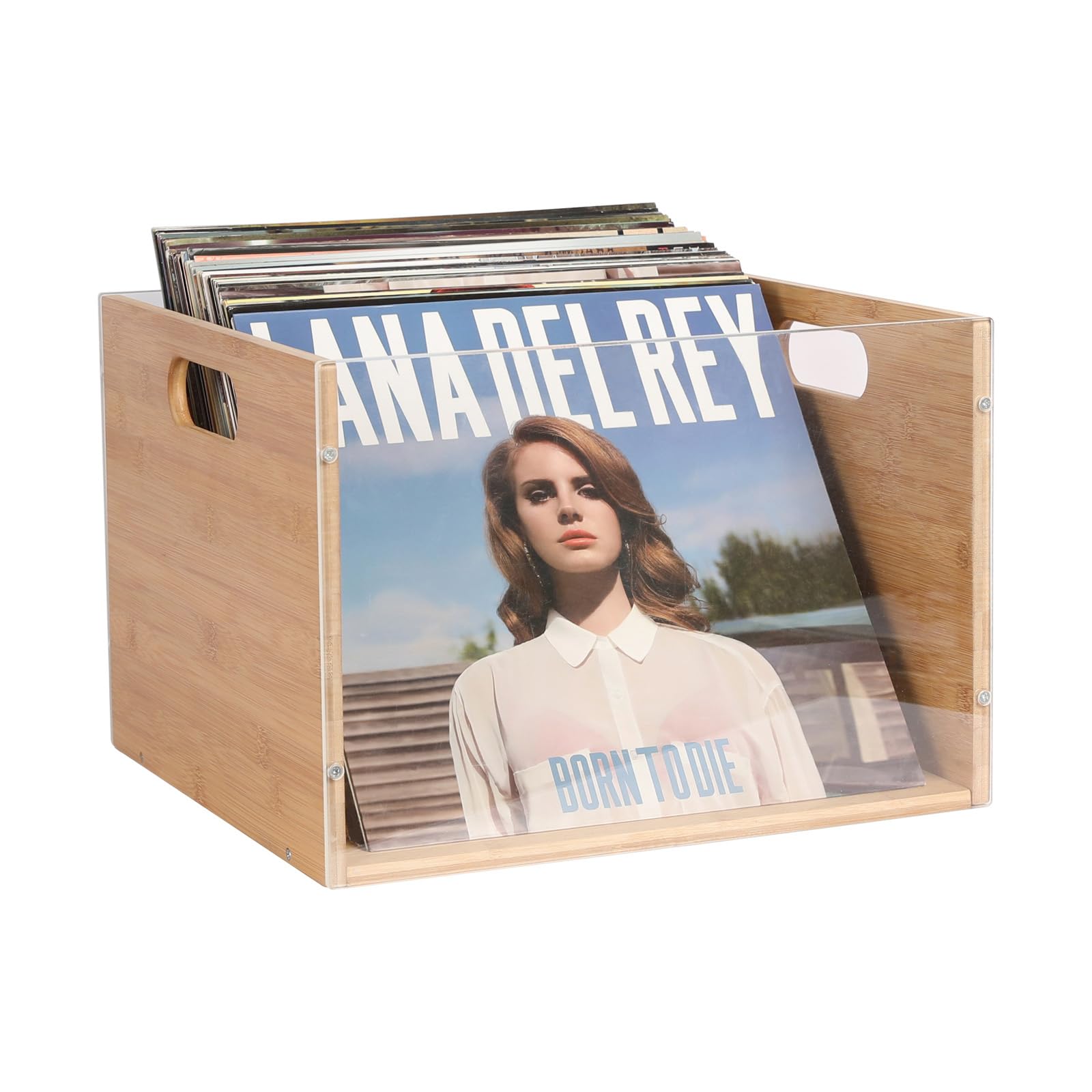 Record Album Storage Crate, Bamboo & Acrylic Vinyl ​Record Crate, Multifunctional Visible Record Holder Crate with Handle, Great for Storing Vinyl ​Record LP's/Albums Hanging Letter Size Folders Toy