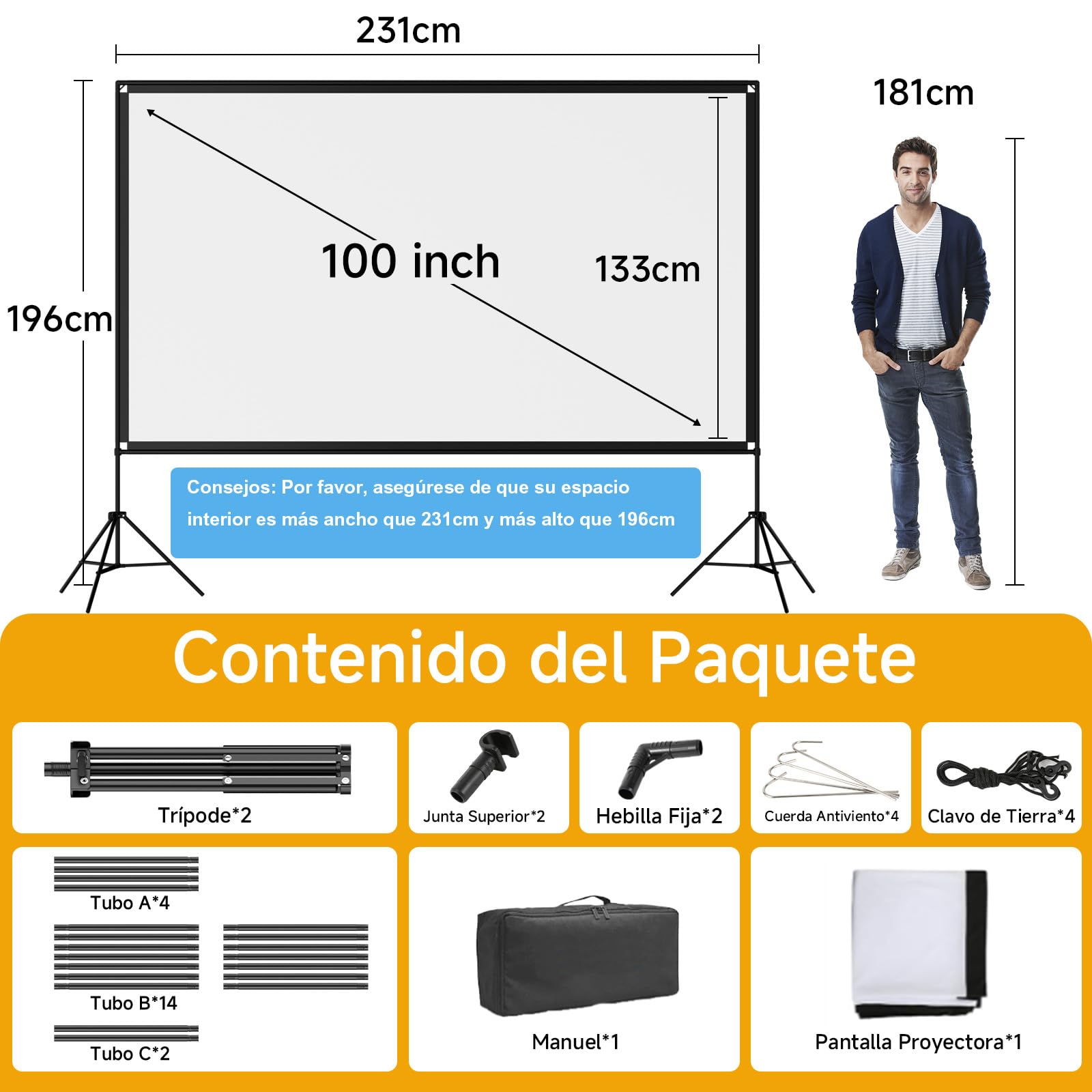 VISULAPEX Pantalla Proyector 100 Pulgadas, 16:9, 4K HD Pantalla para Proyector Portátil con Tripode, Pantalla Plegable para Proyector para Interior y Exterior, Cine en Casa, Jardín