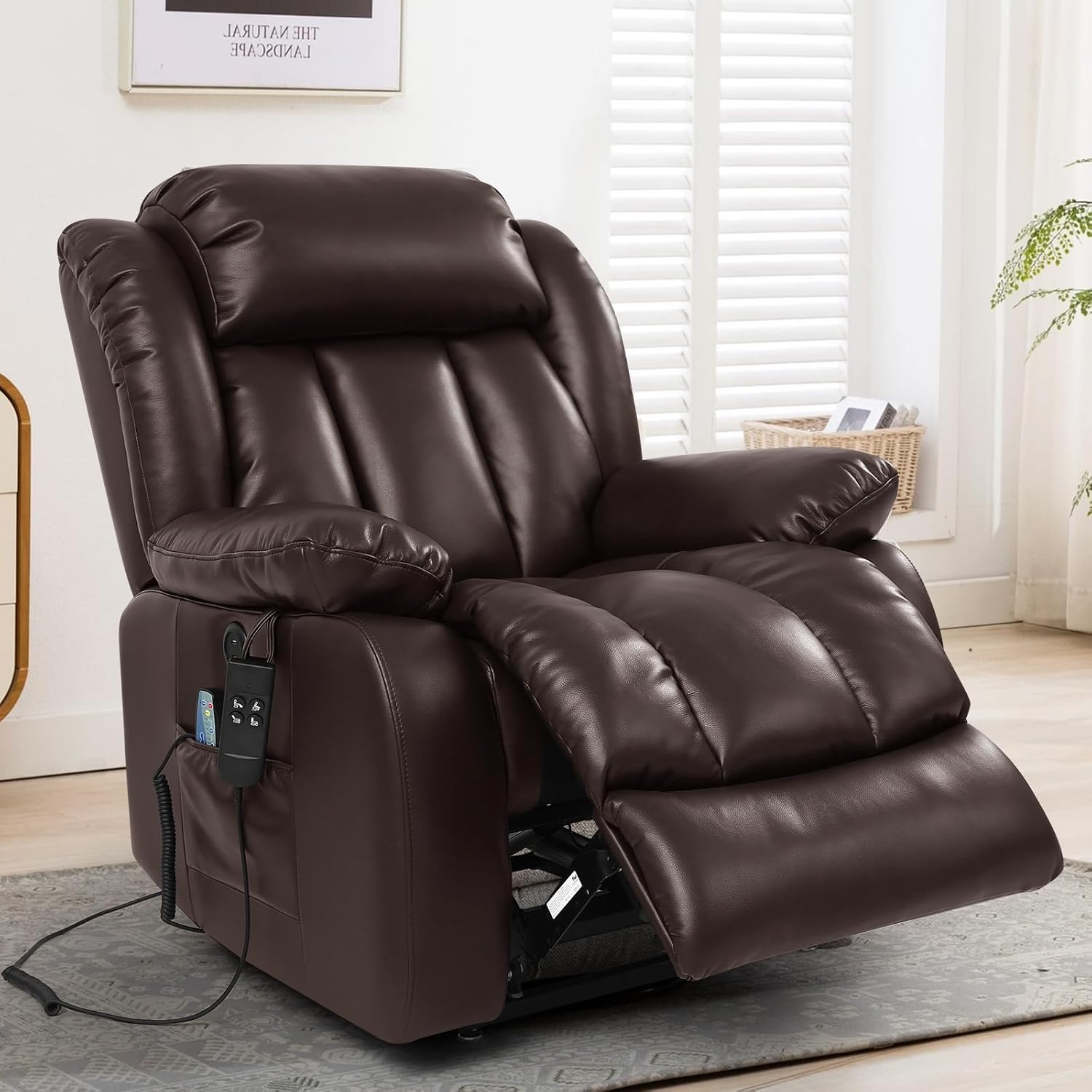 MAEVIS Power Recliner Chair, Lay Flat Sleeping Lift Chairs Recliner for Elderly with Heat and Massage,Comfy Real Breathable Leather Recliners with Dual OKIN Motor for Living Room (Brown)