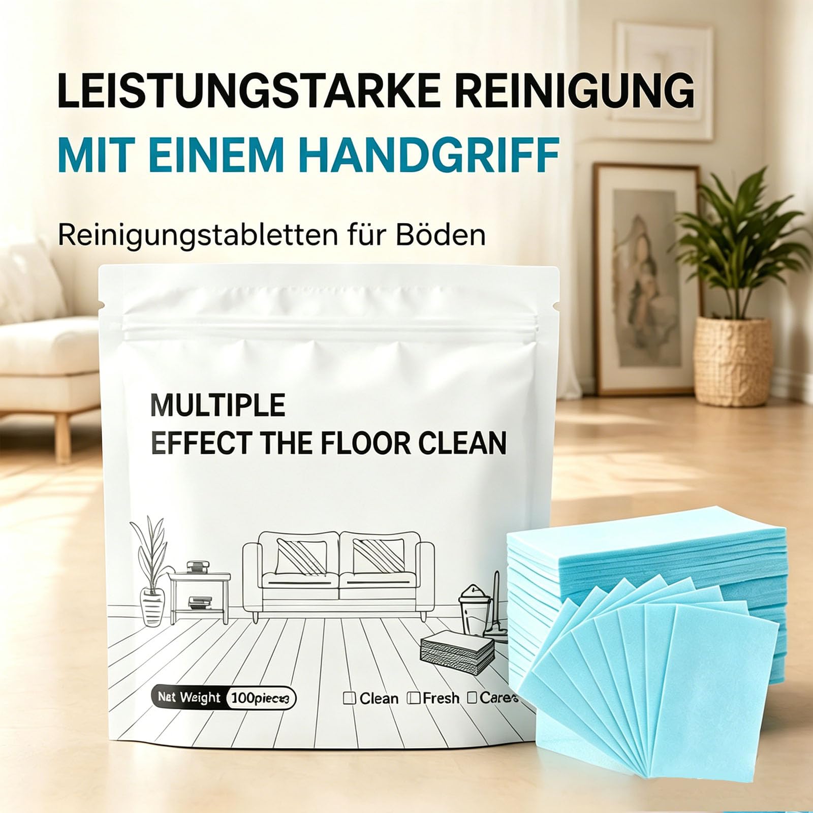 Multi-Effekt-Bodenreinigungstücher, Floor Cleaning Tablets, Upgrade floor cleaning wipes 100-teilige Packung, multi surface floor cleaner für Hartholz, Fliesen, Laminat und mehr (100-Blau)