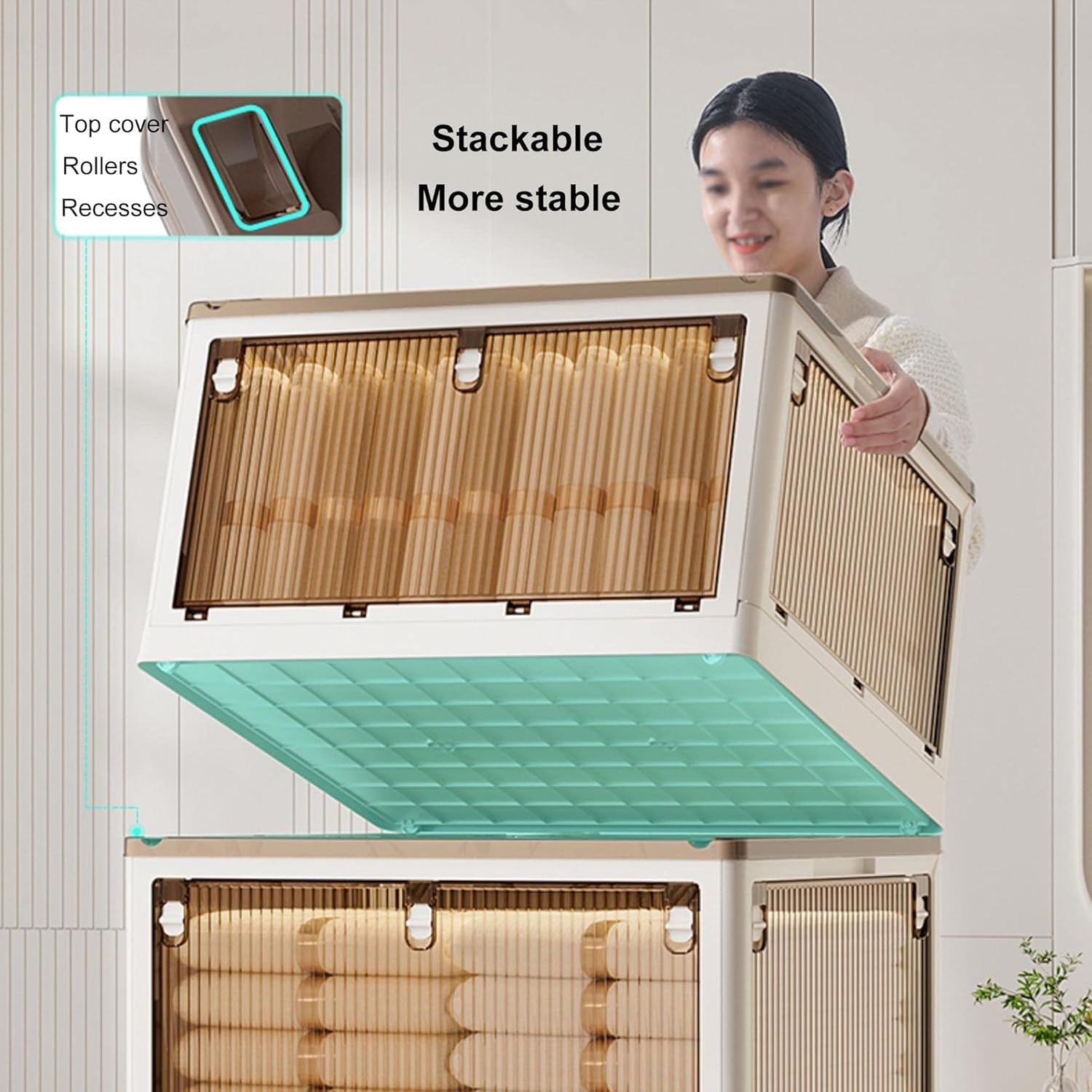 Przezroczyste plastikowe pudełka do przechowywania z pokrywkami i kółkami do układania w stos, 69 x 49,5 x 39 cm, idealne do domowego biura, sypialni i salonu, kolor zielony, trwałe i oszczędzające