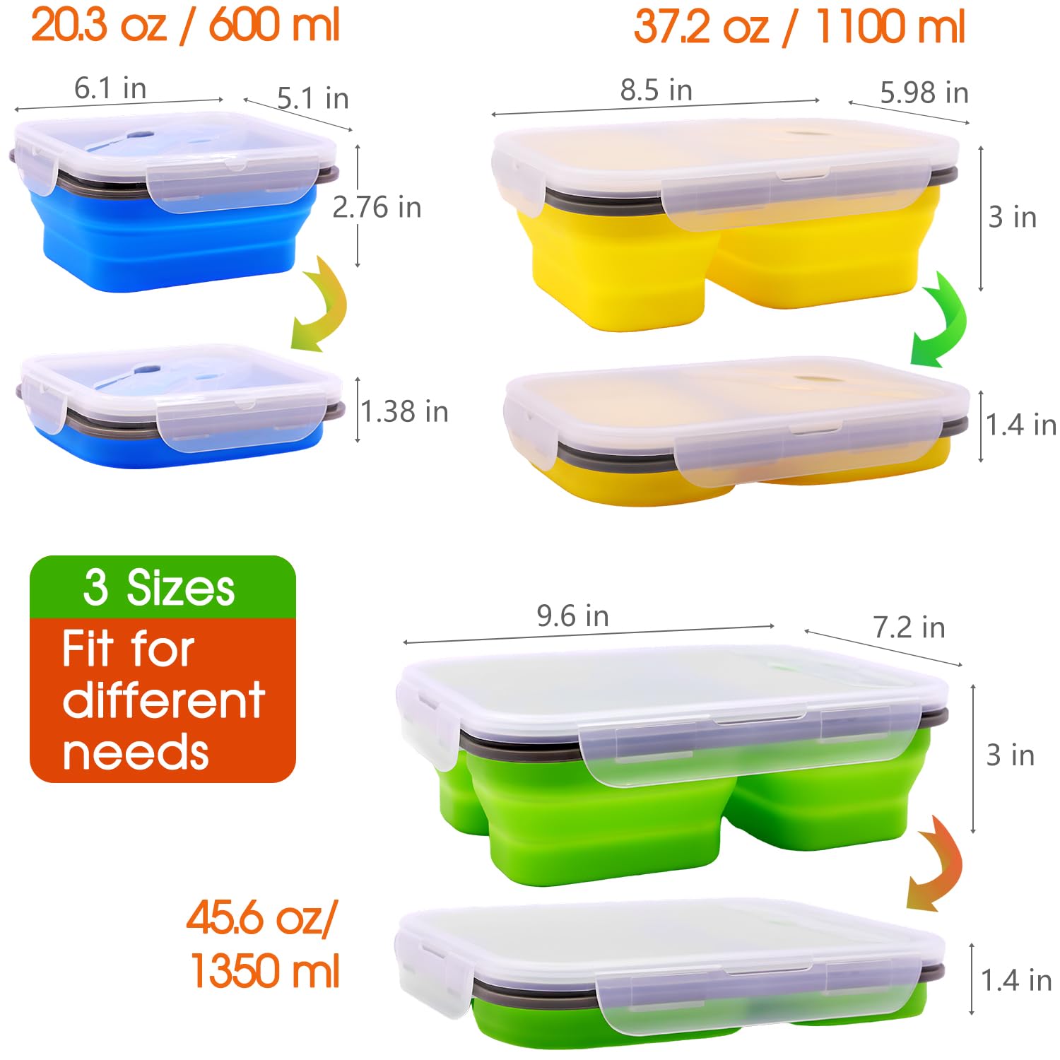 Lot de 3 boîtes à déjeuner pliables en silicone avec couvercles, compartiments, passent au micro-ondes, lave-vaisselle et congélateur, sans BPA (assortiment de 3 pièces)