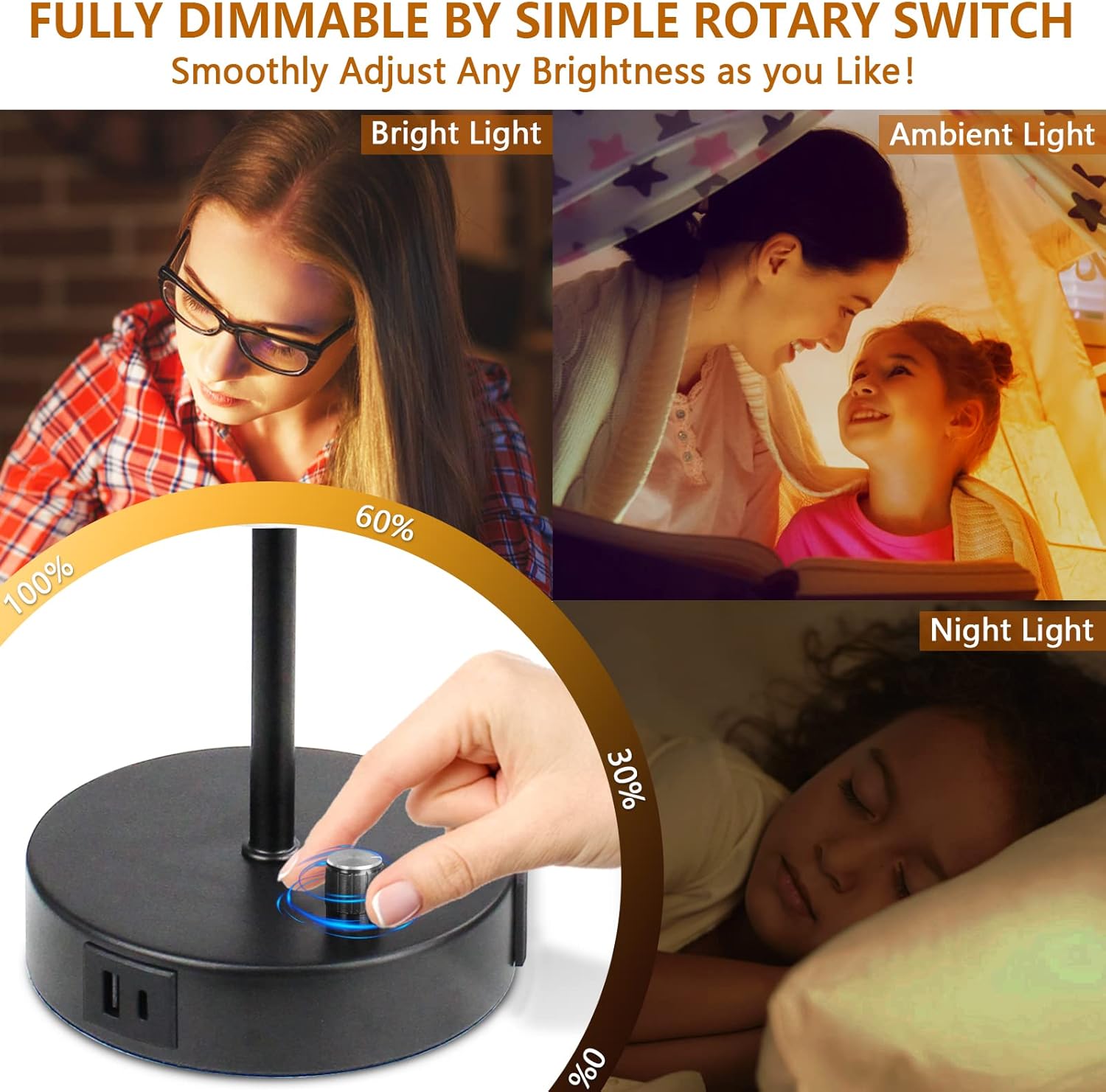HiBay 17.75" Dimmable Bedside Table Lamp with Charging Station - 2 USB Ports & AC Outlet, Industrial Black Nightstand Light with Silver-Gray Shade for Living Room Dorm Office, Bulb Included
