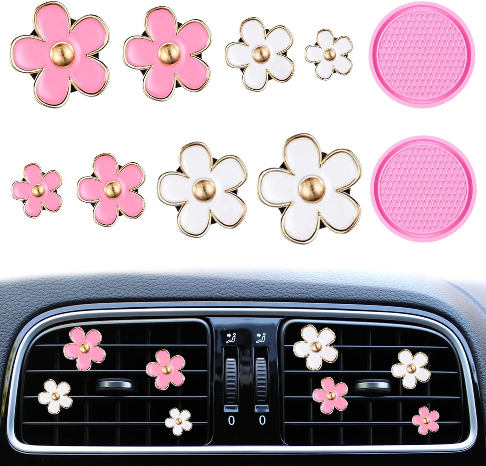 8 Pcs Daisy Air Vent Clip with 2 Pcs Car Coasters, Cute Air Conditioning Outlet Clips Mini Car Mist Diffuser Decorative Air Freshener Clip Charm Car Interior Decor Accessories for Girls Women