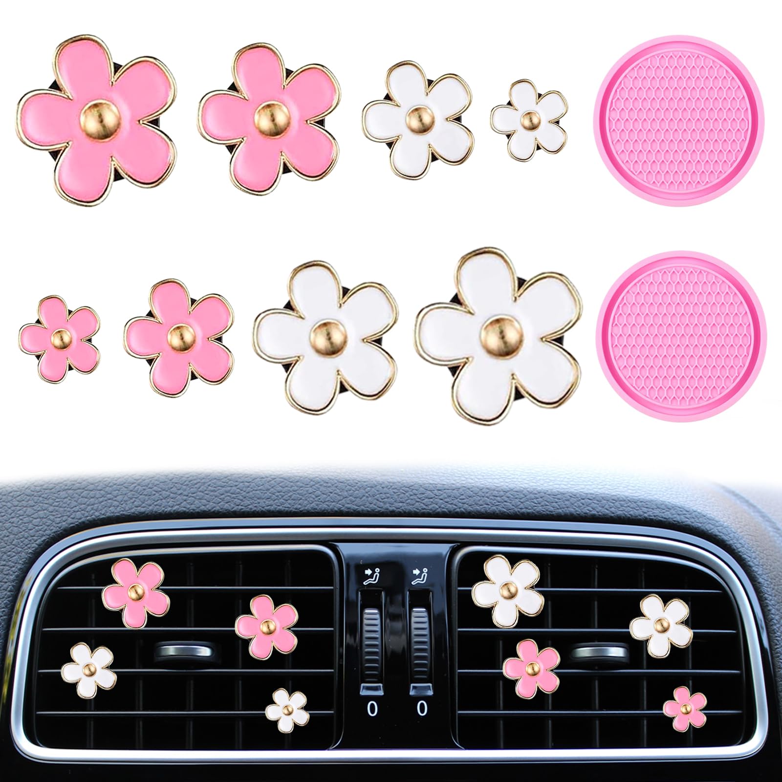 8 Pcs Daisy Air Vent Clip with 2 Pcs Car Coasters, Cute Air Conditioning Outlet Clips Mini Car Mist Diffuser Decorative Air Freshener Clip Charm Car Interior Decor Accessories for Girls Women