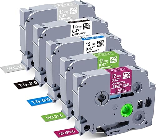 Miniatura 10 de Paquete de 5 cintas de color laminadas de 0.019 in, compatibles con Brother P Touch TZe-131, 132, 133, 232, 233, 0.47 (negroRdazul sobre