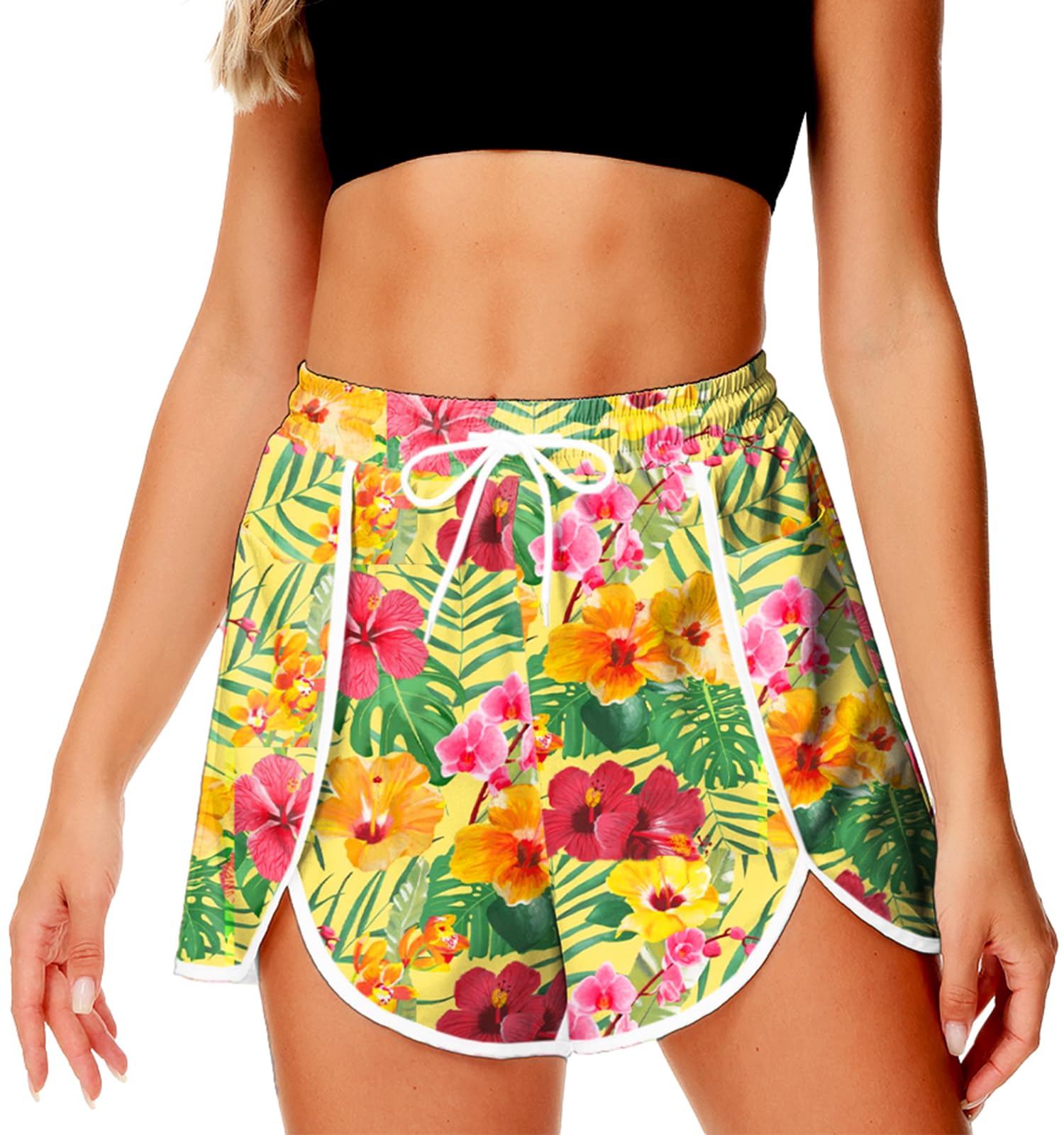 Photo 1 of AOBUTE Women Tropical Board Shorts Hawaiian Swim Bottoms with Pockets X-Large Floral Yellow