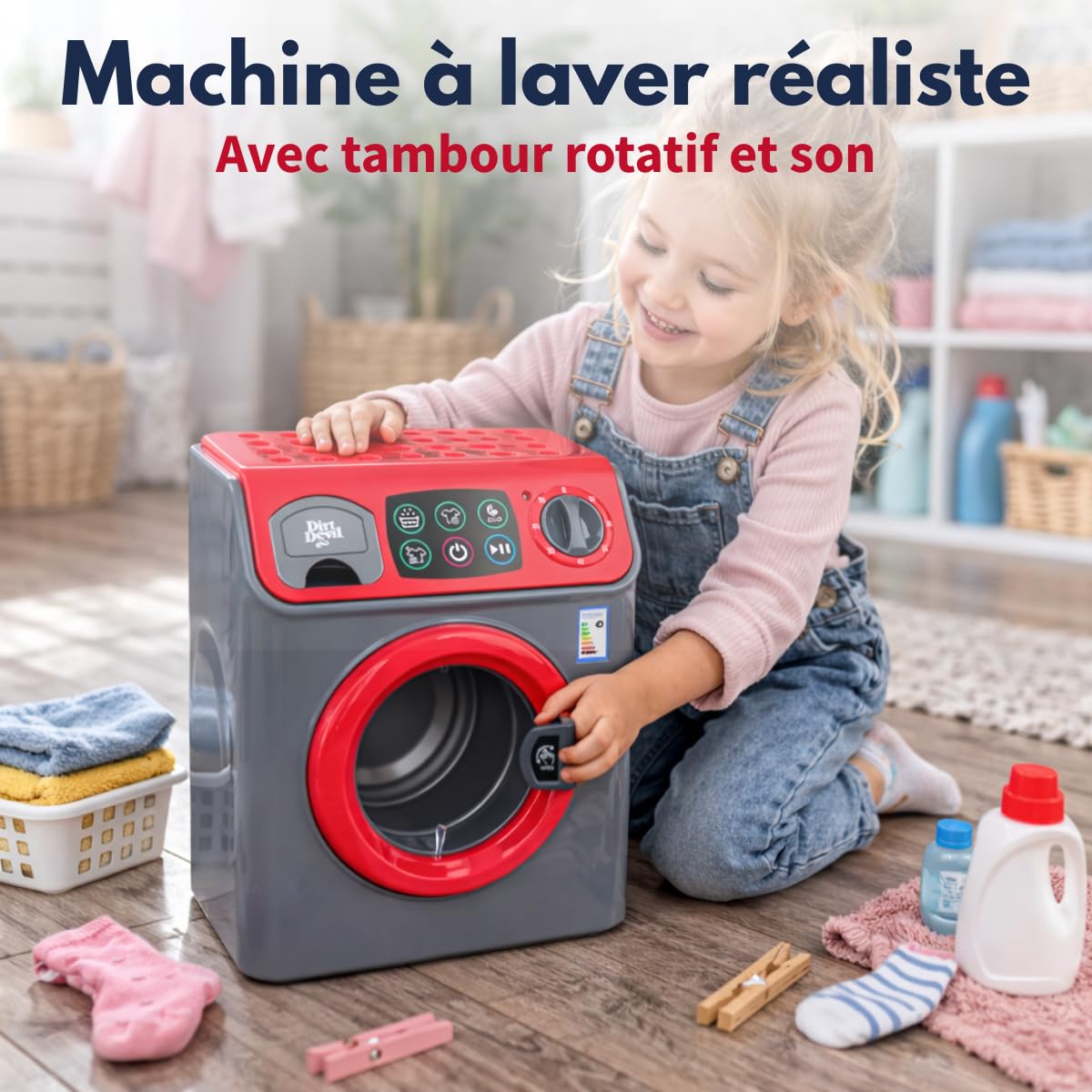 Dirt Devil Machine à Laver Jouet Enfant – avec Lumière et Sons – Prête à l’Emploi – 16,5 x 13 x 22,5 cm – Lave Linge Enfant Jouet pour Jeux de Rôle