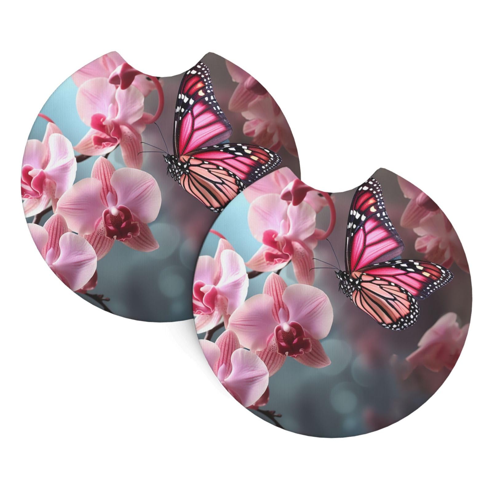 2 Pack Car Coaster for Cup Holders Orchid Flower Butterfly Soft Fresh Spring Car Cup Coaster 2.7" Neoprene Non-Slip Automotive Cup Mat Universal Auto Car Interior Accessories for Women Men Cup Pad