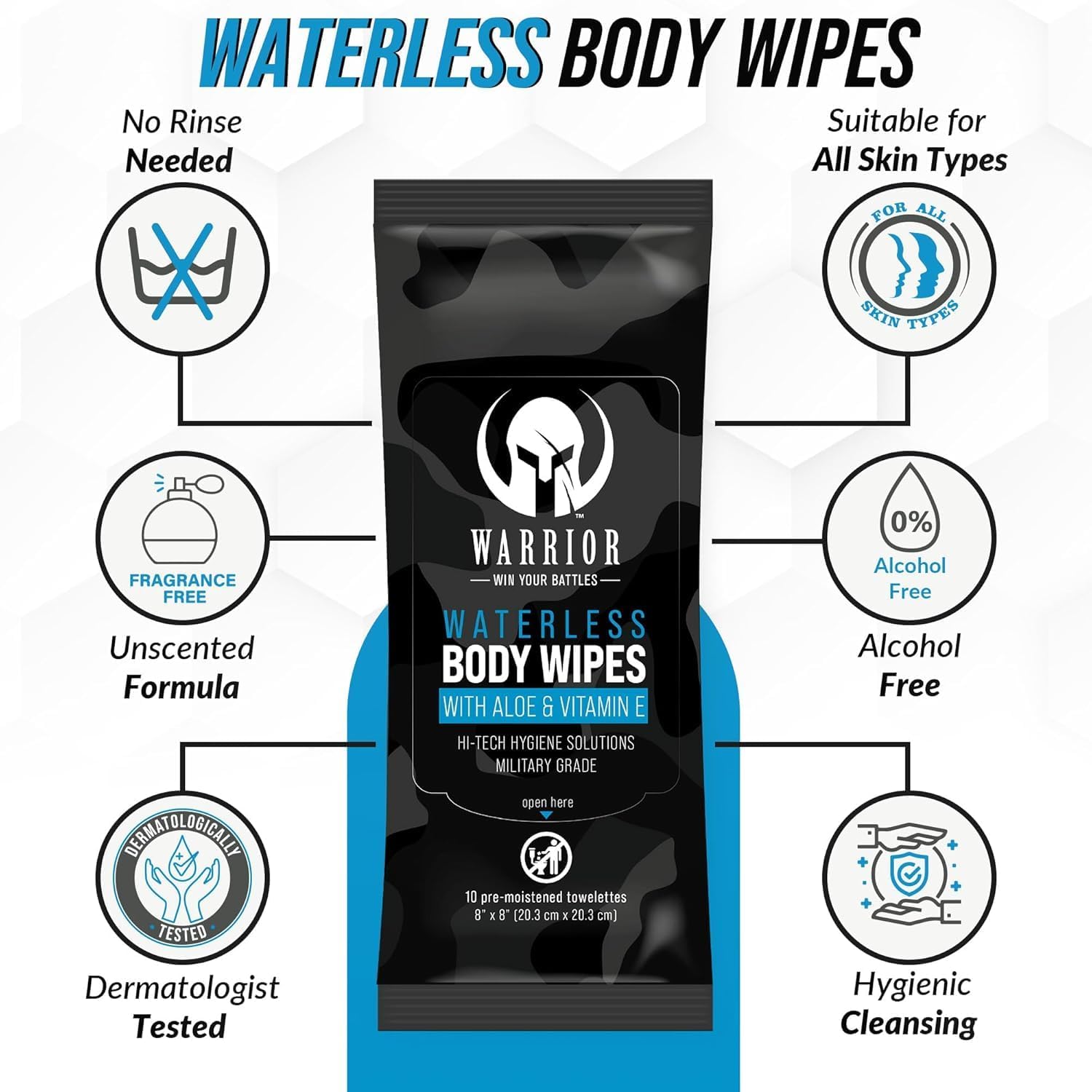 Warrior Waterless Body Wipes - Rinse-Free & Hypoallergenic Cleaning Wipes Enriched with Aloe, Calendula & Vitamin E - Alcohol-Free Unscented Wipes For Sensitive Skin & Bedridden Patients - Pack of 3