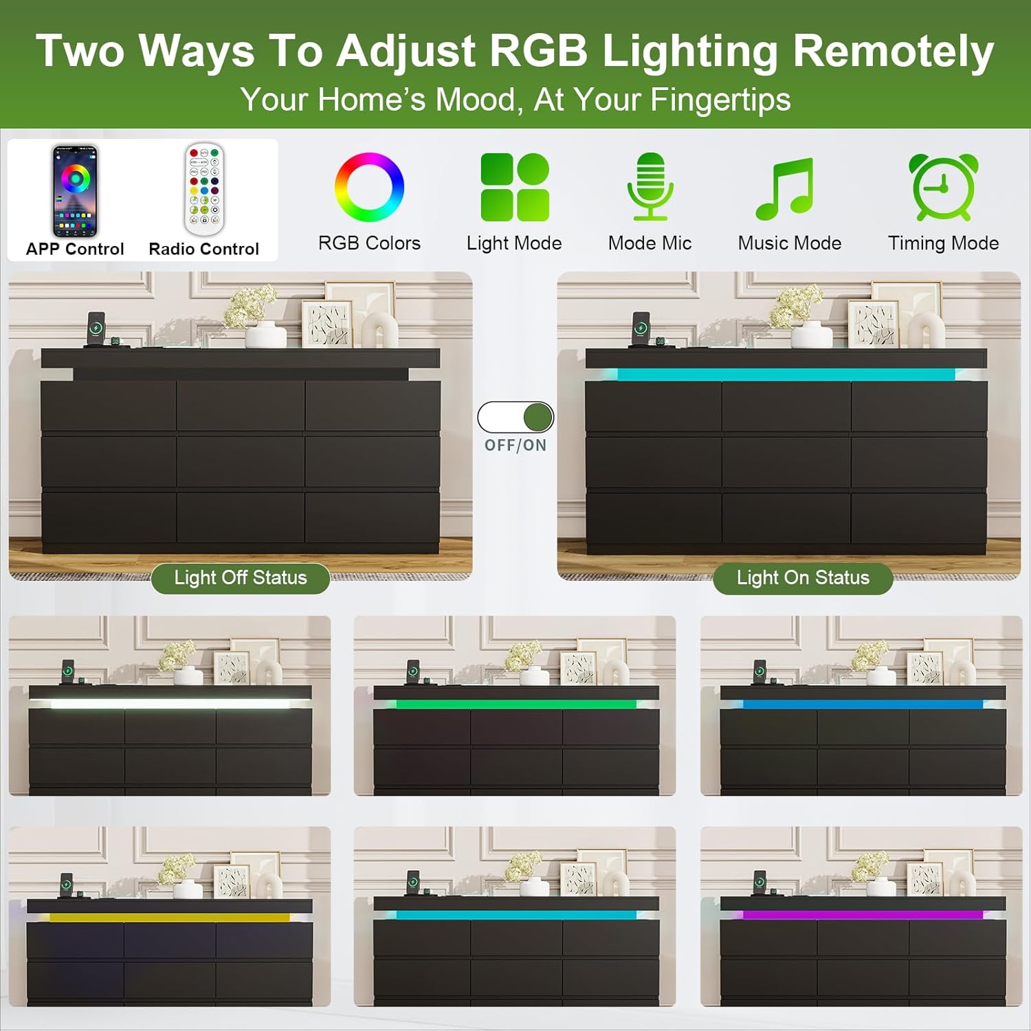 Vipbear 9-Drawer Modern Dresser with RGB LED Lights & Charging Station, Wide Black Chest of Drawers & Storage Cabinet for Bedroom, Supports TV up to 75", Living Room Accent Furniture