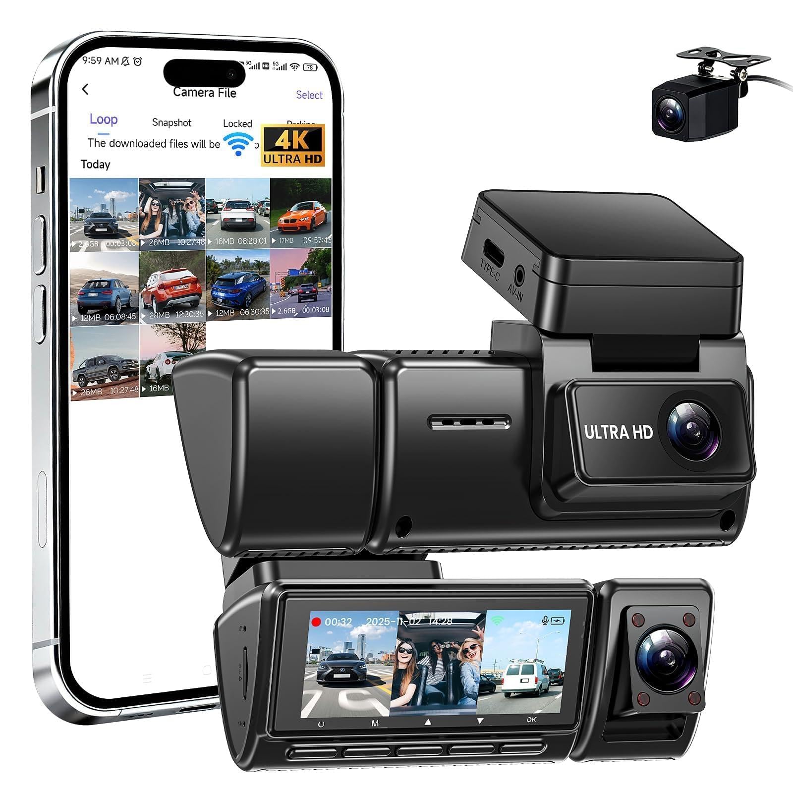 RHBNCCS Dash Cam for Prologue 2024 3 Channel Triple Car Camera WiFi App Control Front Cabin Rear Driving Recorder Card Included,BlackD4