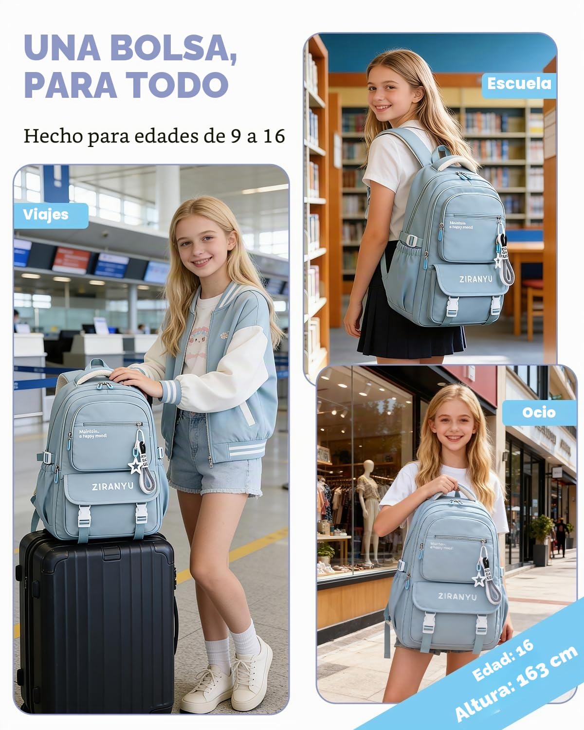 Amythe Mochila Escolar Niña - Mochila Colegio Niña para Instituto y Secundaria Ligera, Mochilas Adolescentes Chicas con Bolsillo Portátil 15,6" para Viaje - Apta para Carro, Azul