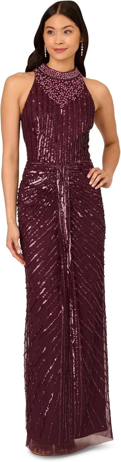 Adrianna Papell Womens Halter Bead Drape Long Dress