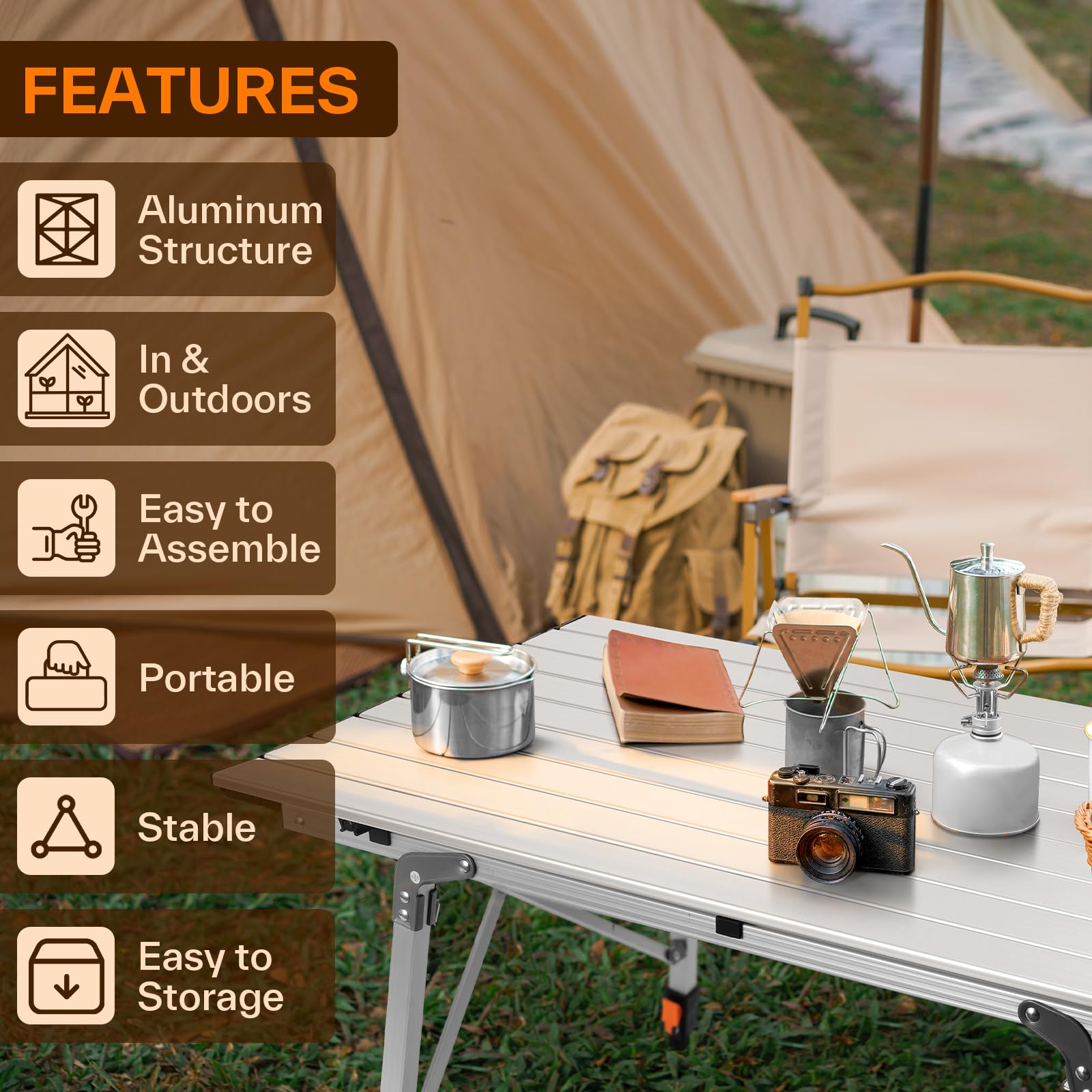 Sportneer Klapptisch Campingtisch für draußen:Tragbarer Picknicktisch mit Verstellbarer Höhe, Klappbarer Campingtisch mit aufrollbarer Aluminium Tischplatte zum Zelten Camping Garten Küche,Silber