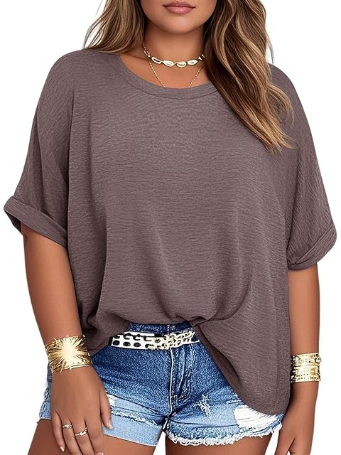 Takeyal. Womens Plus Size Summer Tops Oversized Half Sleeve Crew Neck T Shirts Brown