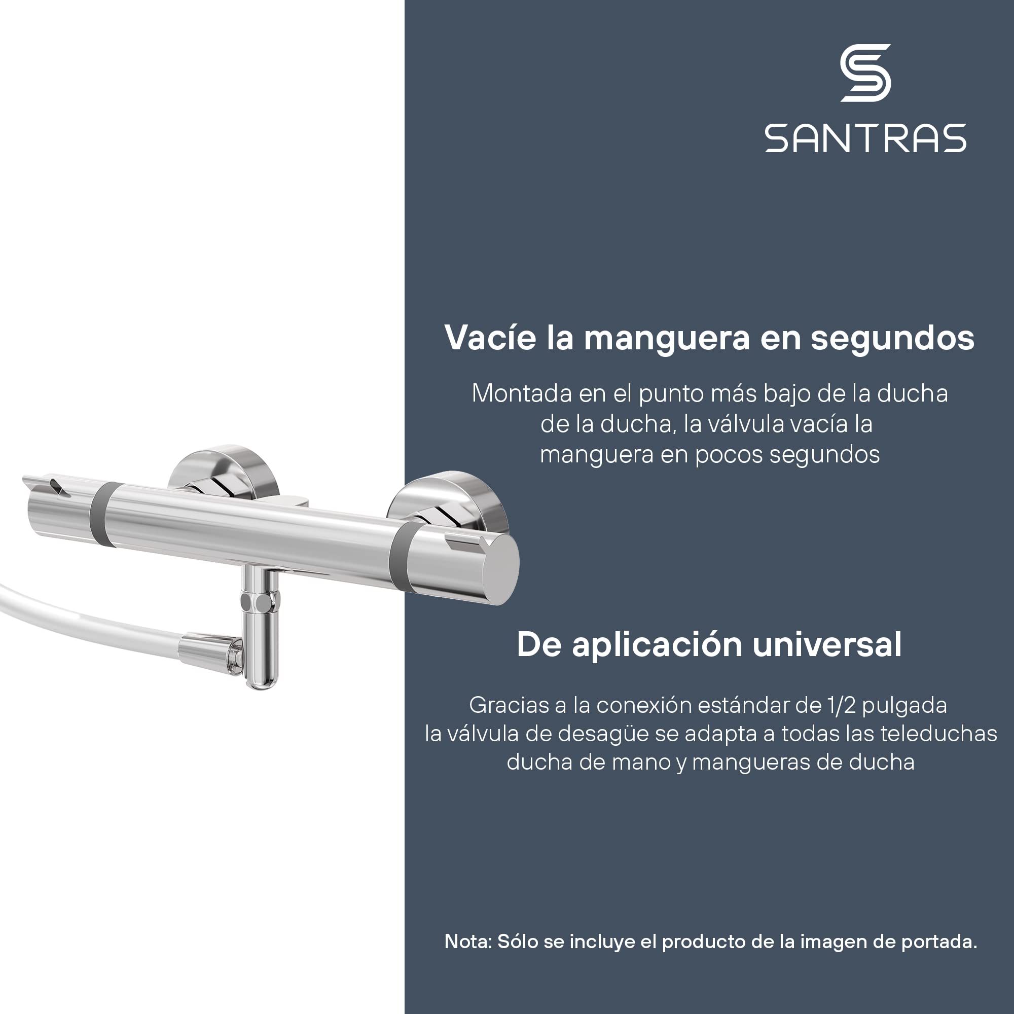 SANTRAS Válvula de vaciado Deluxe para el drenaje de agua estancada en la manguera de ducha en cromo, válvula de vaciado cromada para vaciar la manguera de ducha con válvula de retorno, fabricada en