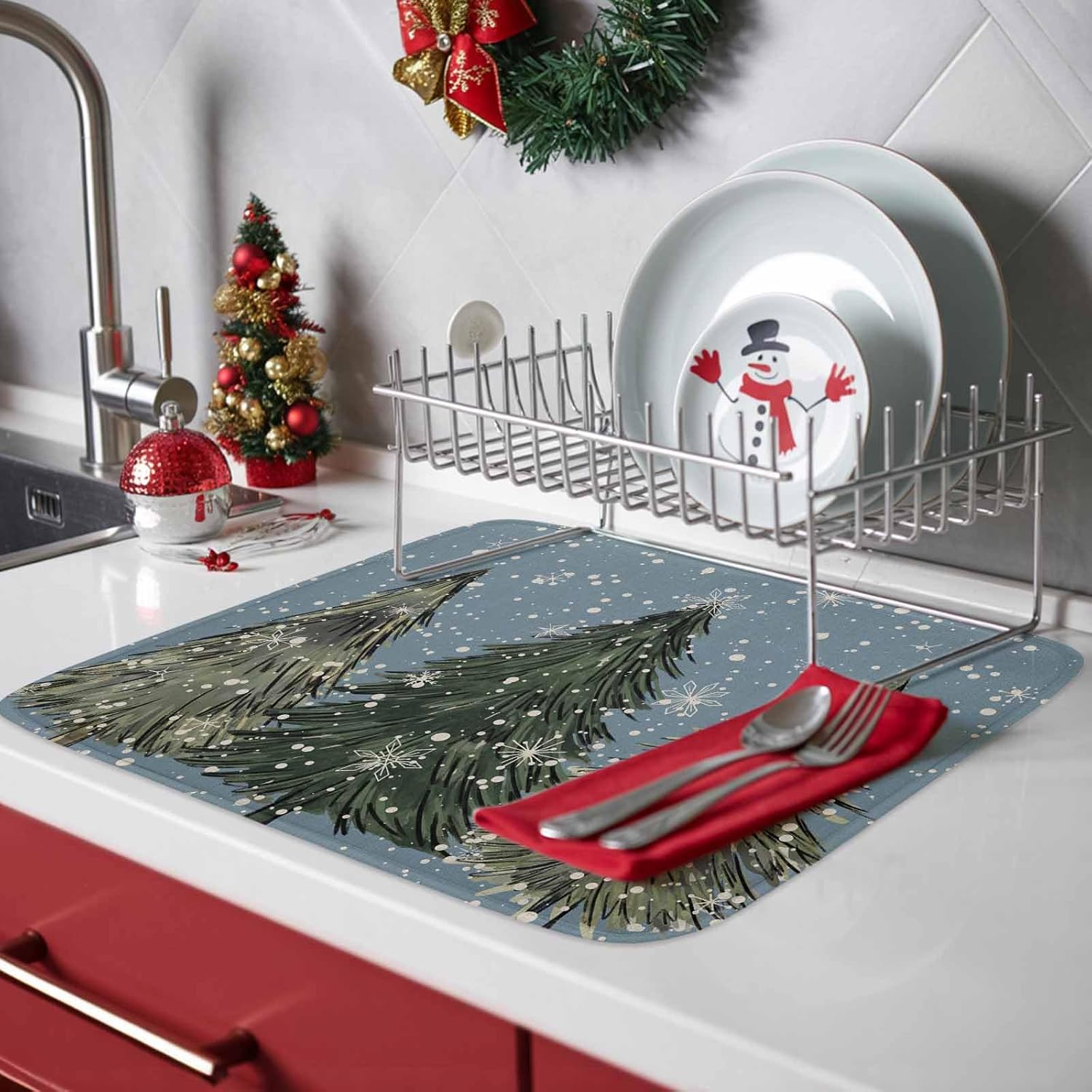 Merry Christmas Green Xmas Pine Trees Dish Drying Mats for Kitchen Counter,Absorbent Microfiber Dish Drainer Rack Mat Winter Snowflake Snow Drying Pad for Sinks,Utensils,Countertops,18x24in