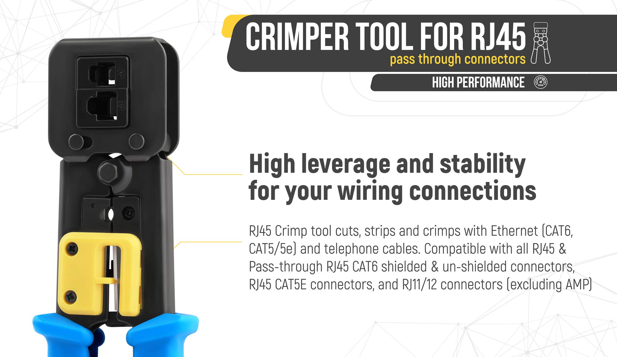 Everest Media Solutions RJ45 Crimp Tool for Pass Through Connector End - EZ Cut, Strip, Crimp Cat5e & Cat6 Ethernet Cables - Heavy Duty Crimper for RJ45 Plugs - Professional Network Crimping tool