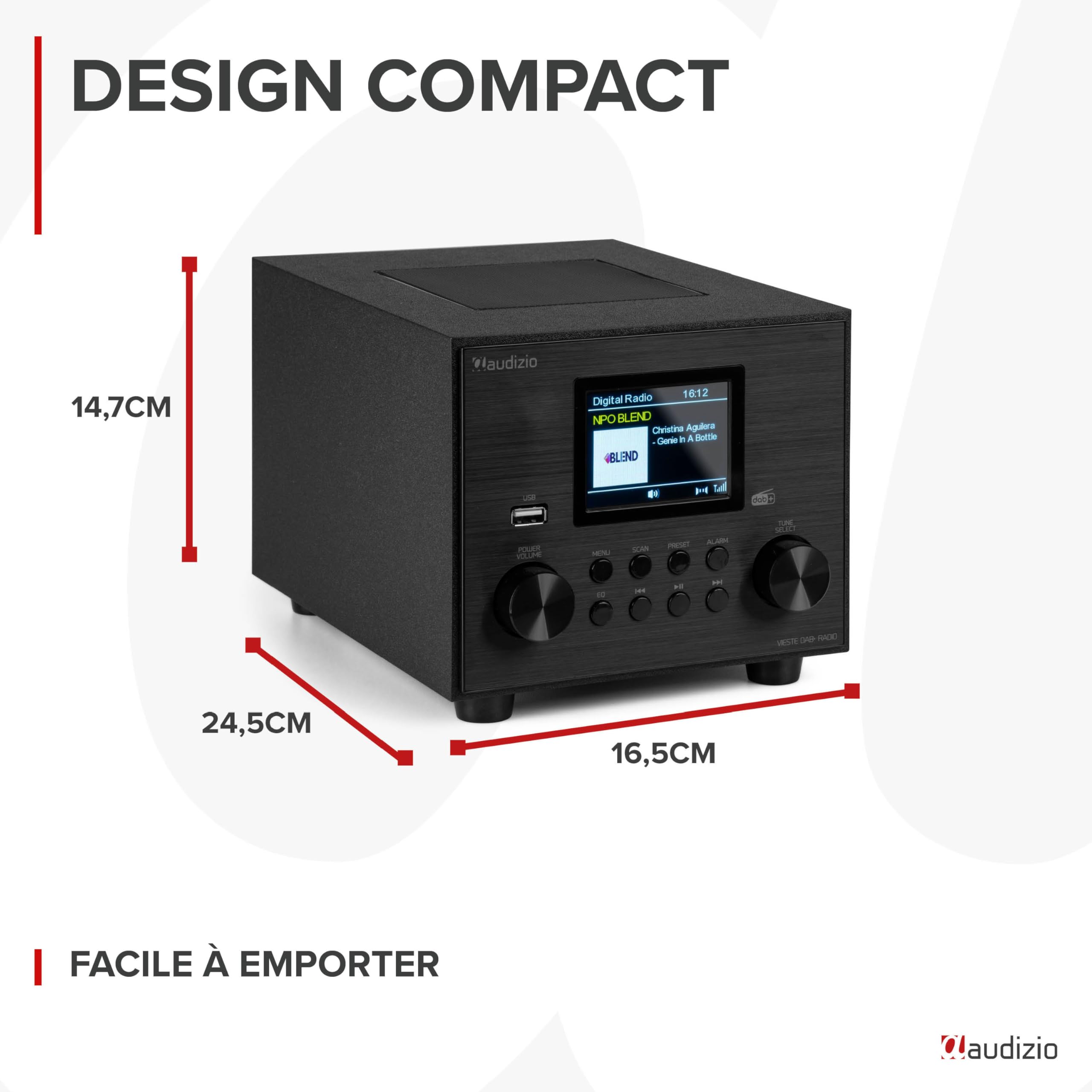 Audizio Vieste Radio Dab+ FM Bluetooth 5.0 - Noire, Subwoofer Intégré, Écran Couleur 2,8", Port USB, Sortie Casque, Télécommande Incluse, Idéale pour Écouter la Radio à la Maison