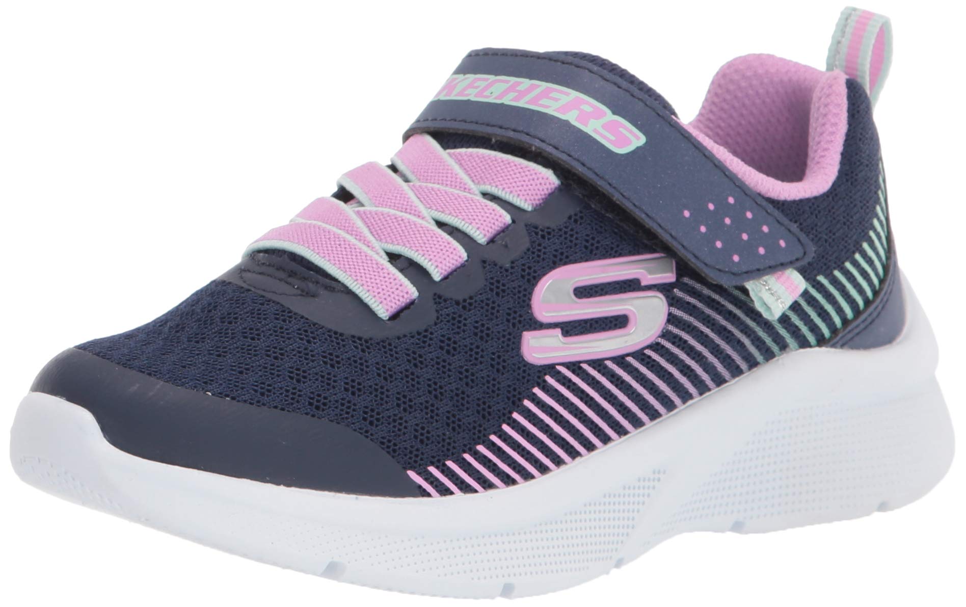 Skechers Girl's Microspec Sneaker, Navy Mesh/Lavender & Mint Trim, 1.5 UK Child