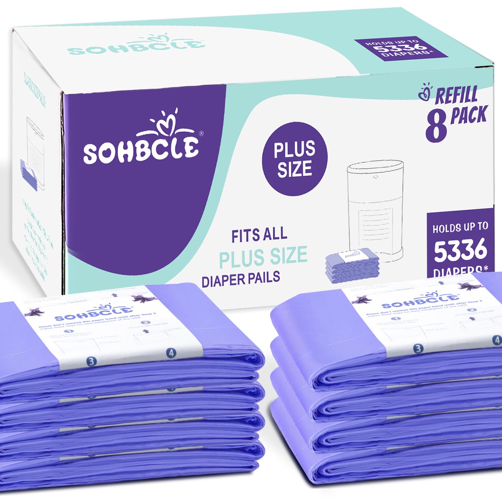 Compatible with Dekor Plus Diaper Pail, Diaper Pail Refill Bags Extra 12% Length 8 Pack, Holds up to 5336 Diapers,Extra 30% Thickness Powerful Odor Eliminate Lavender Scent Newborn Essentials