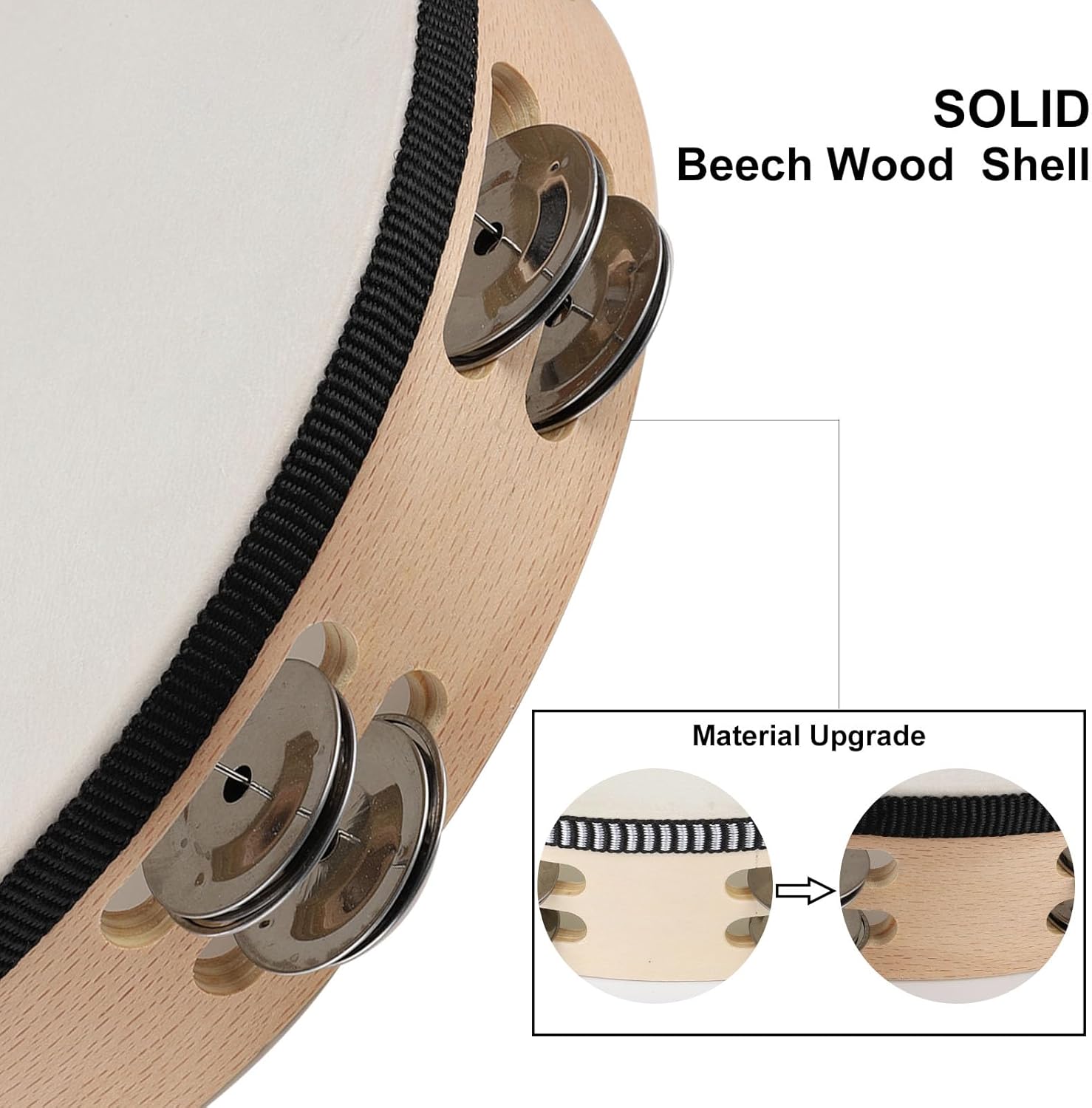 LIEKE Goatskin Tambourine 10 Inch Beechwood Hand Held Drum for Adult with 8 Pairs Metal Jingles for Music Classroom Dance Party Church Game Props
