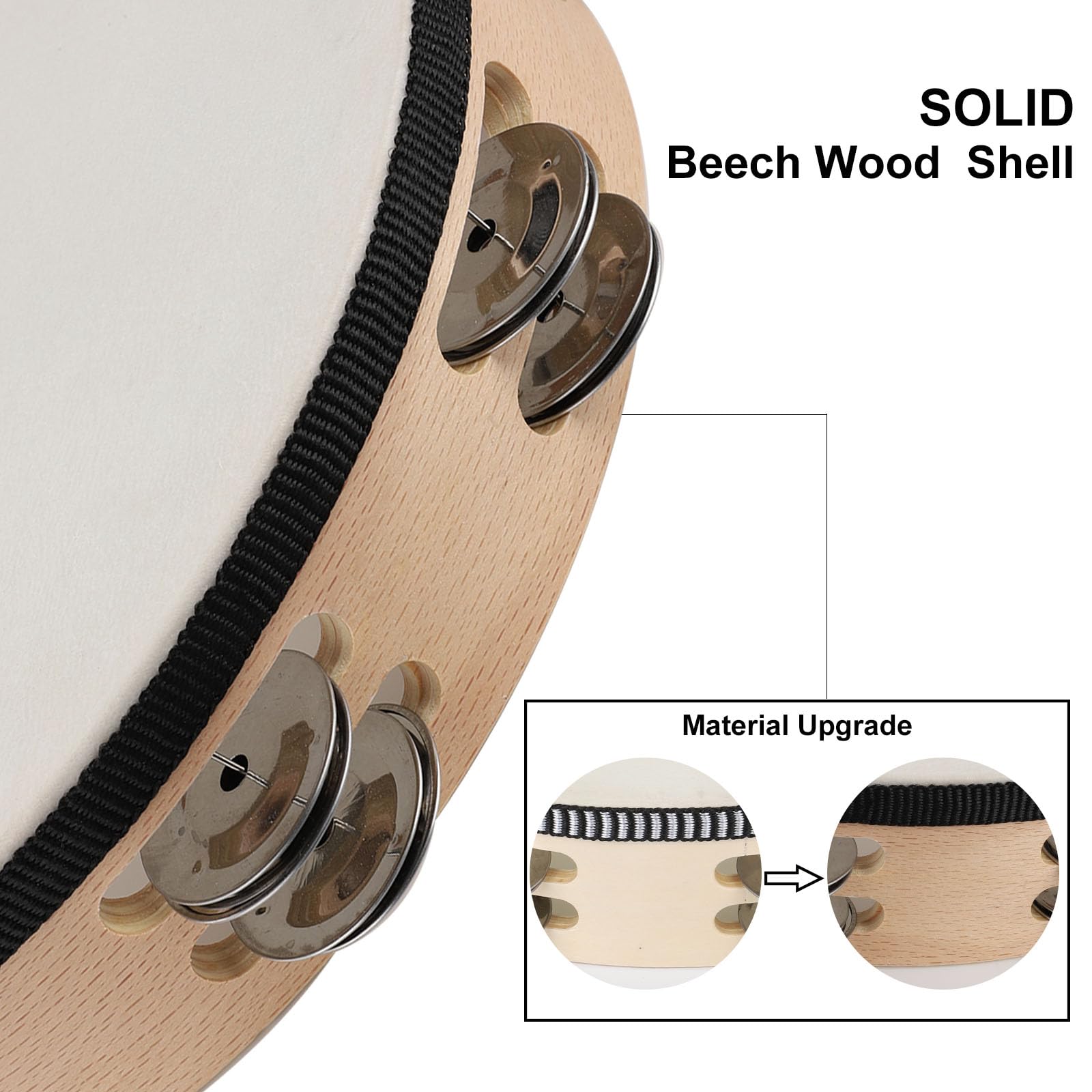 LIEKE Goatskin Tambourine 10 Inch Hand Held Drum with 8 Pairs