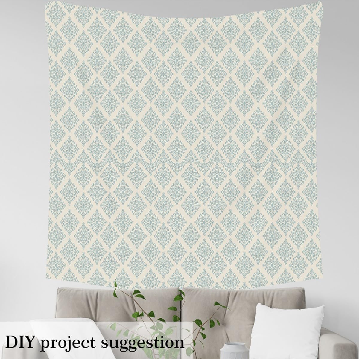 Boho Damask Floral Fabric By The Yard, Romantic Retro Upholstery Fabric, Leaves Decorative Fabric, Bohemian Ethnic Indoor Outdoor Fabric, Farmhouse DIY Art Waterproof Fabric, Blue Beige, 2 Yards