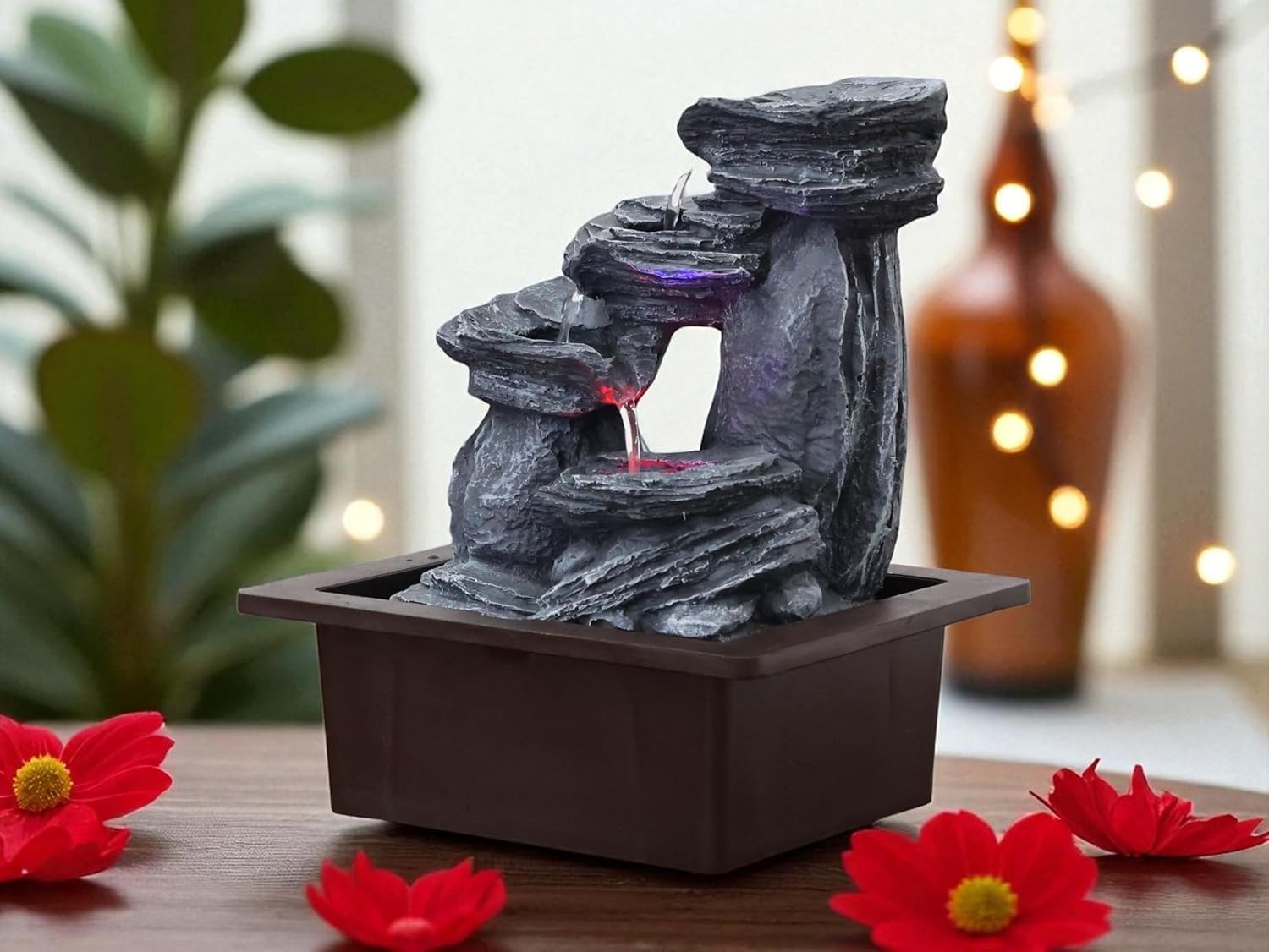 Rock Waterfall Design Table top Colour Changing Lights Fountain Polyresin Showpiece for Home Garden Living Room Decor Decoration Gift Items, 26 CM 1.3 kg