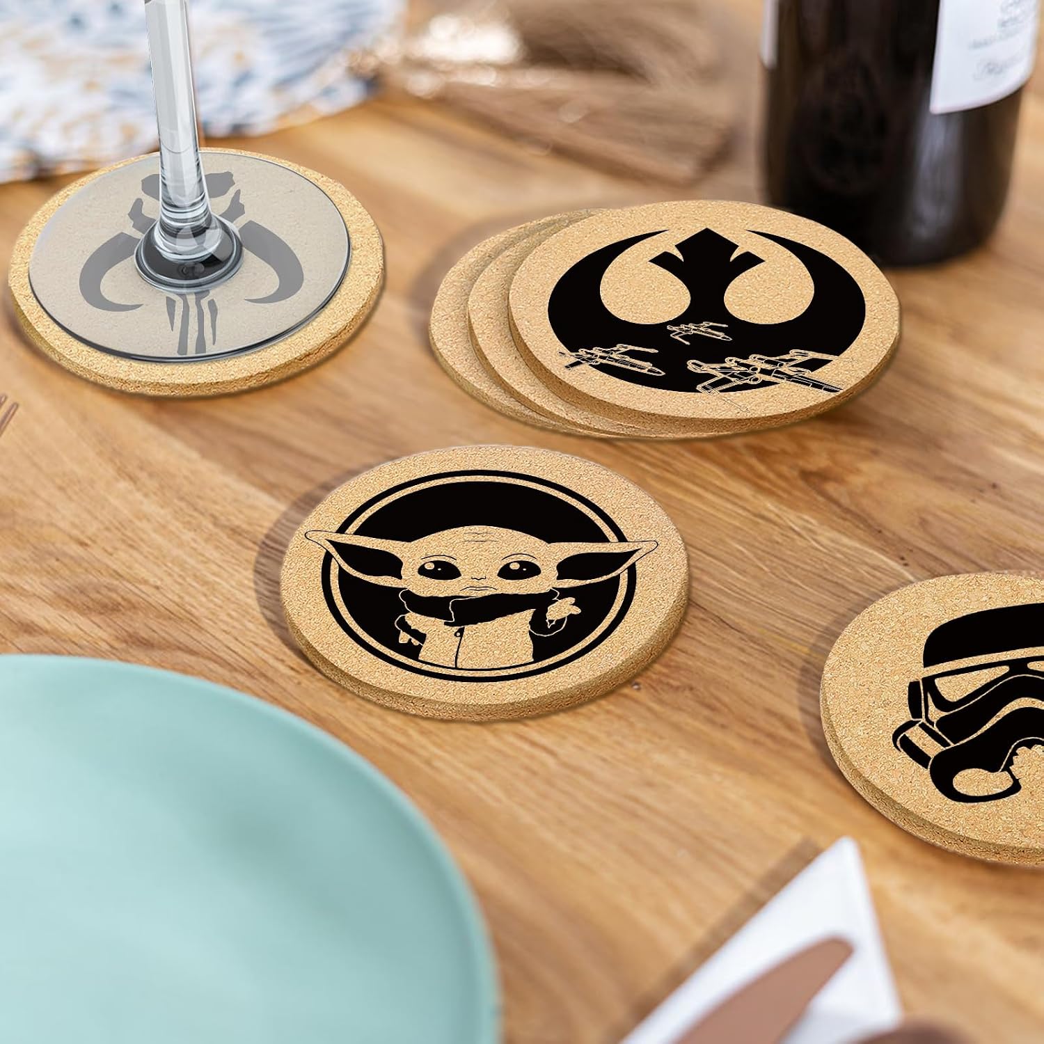 Coasters for Drinks with Holder Set of 6, Star Battle Absorbent Coaster Cork Wood for Cup Desk Office Table Kitchen Decor House Warming Gifts for New Home Couples, Round 4"