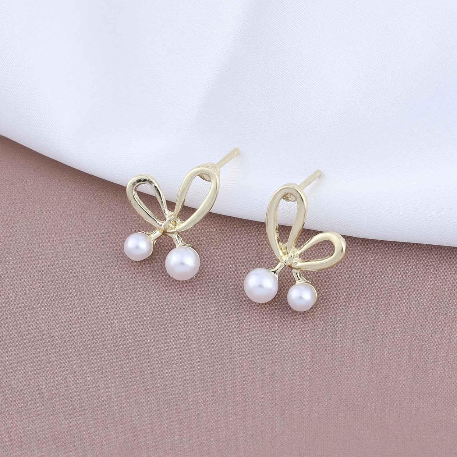 Bohemian Bow Tie Pearl Earrings Small Bow Pearl Earrings Metal Butterfly Pearl Stud Earrings Gold Hollow Butterfly Pearl Earrings Jewelry for Women - Image 4