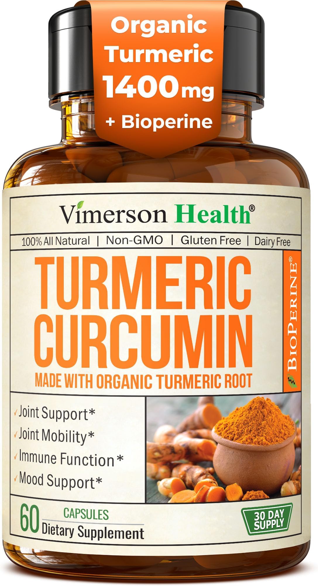 Turmeric Curcumin Supplement with Black Pepper Extract - High Potency Organic Turmeric 1400mg & 95% Curcuminoids for Joint & Digestive Health - Joint Support Supplement - 60 Vegan Curcuma Capsules