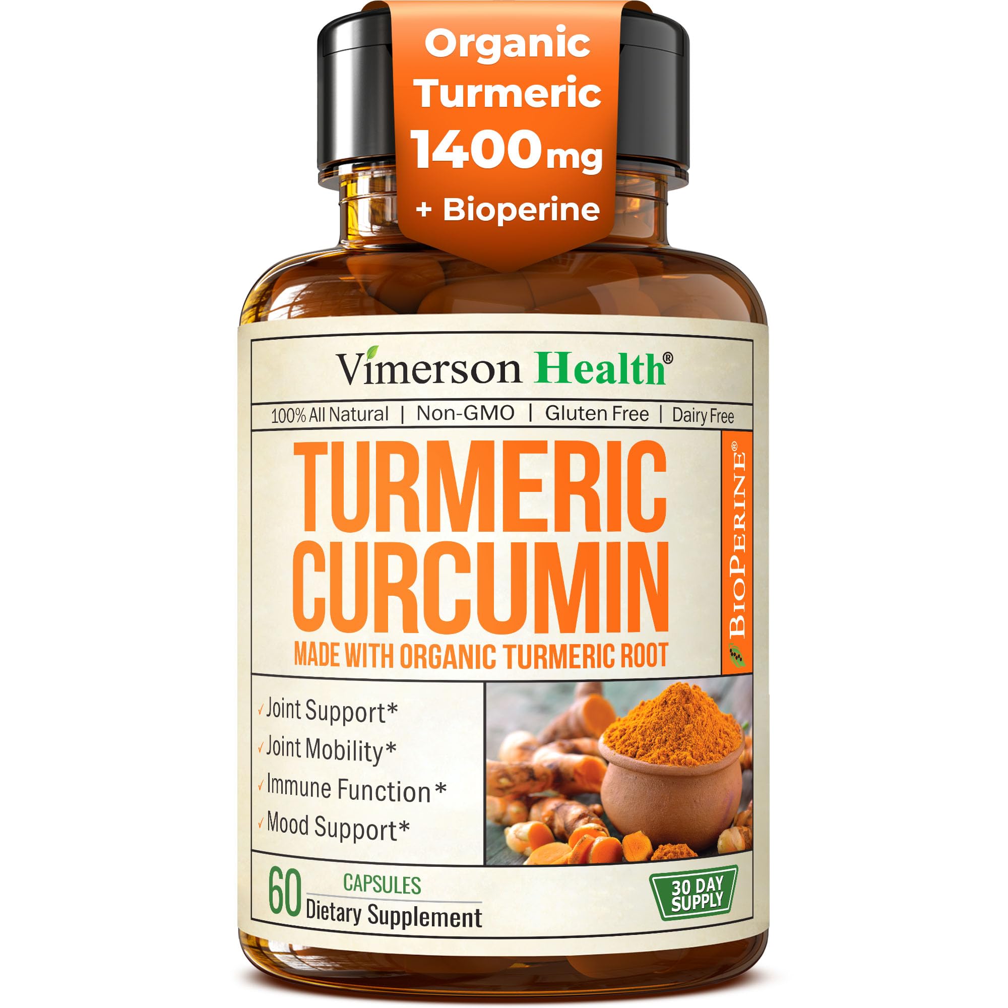 Turmeric Curcumin Supplement with Black Pepper Extract - High Potency Organic Turmeric 1400mg & 95% Curcuminoids for Joint & Digestive Health - Joint Support Supplement - 60 Vegan Curcuma Capsules