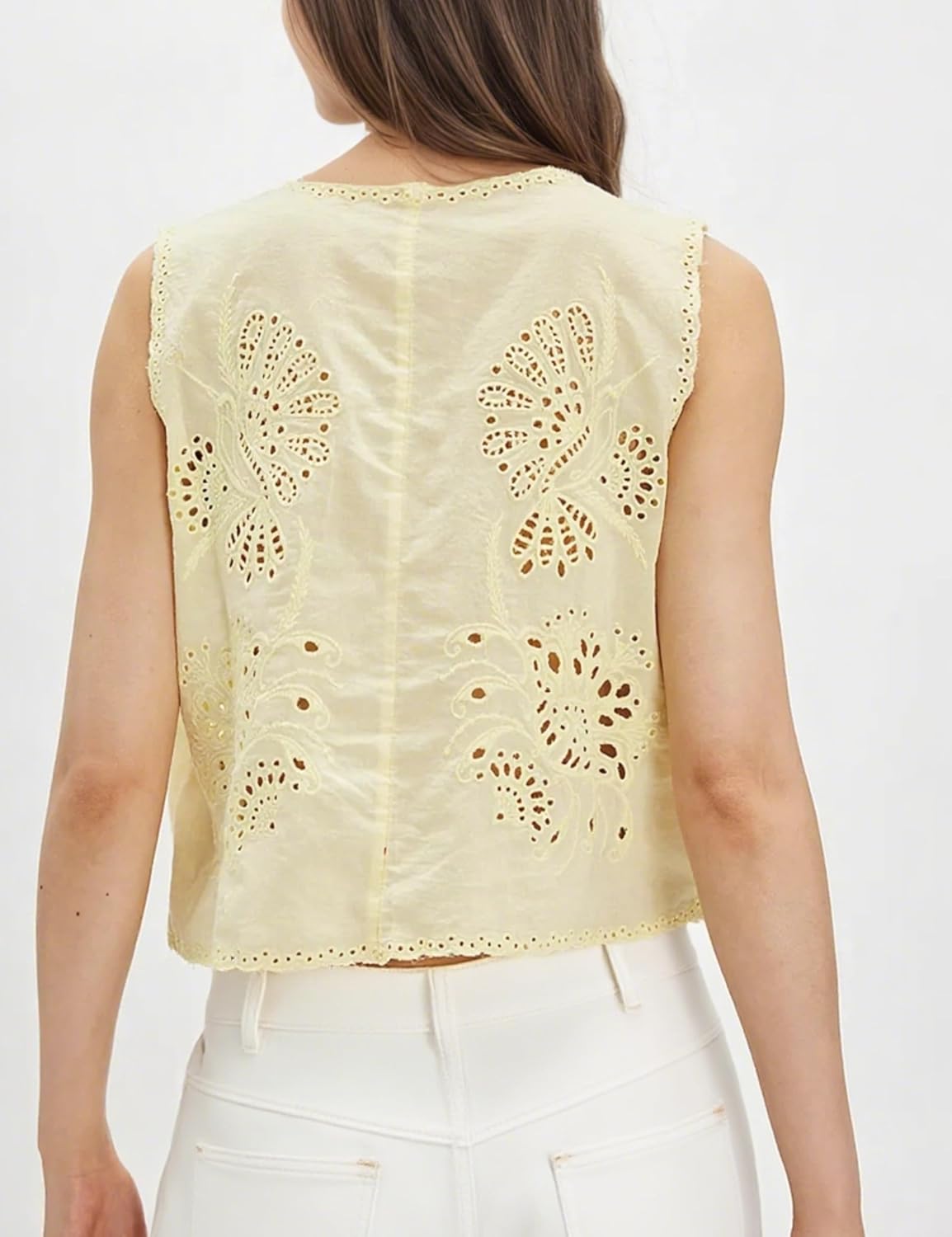 Tie Front Tops for Women Summer Vest Tank Top Woman Y2k Embroiderd Sleeveless Eyelet Lace Vests 2025 (Yellow S)