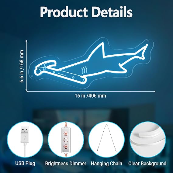 Hammerhead Shark Neon Sign Wall Art - Hammerhead LED Night Light with Personalized Option, USB Powered Dimmable Ocean Decor for Man Cave, Boys Room Gift, Game Room & Bars (Christmas/Birthday)