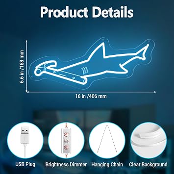 Hammerhead Shark Neon Sign Wall Art - Hammerhead LED Night Light with Personalized Option, USB Powered Dimmable Ocean Decor for Man Cave, Boys Room Gift, Game Room & Bars (Christmas/Birthday)