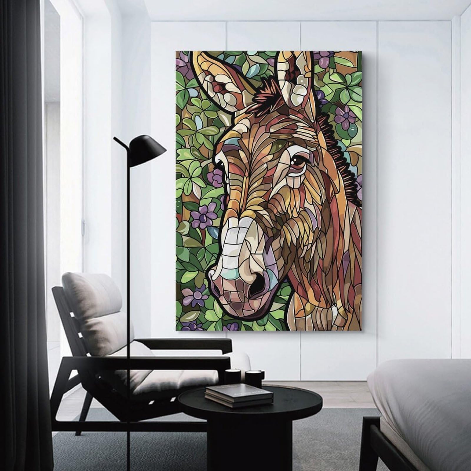 Junmoney Stained Glass Donkey Portrait Canvas Wall Decor, 16x24inch(40x60cm), for Gallery Wall Decor And Room Displays, Wall Decor Suited to Curated Displays