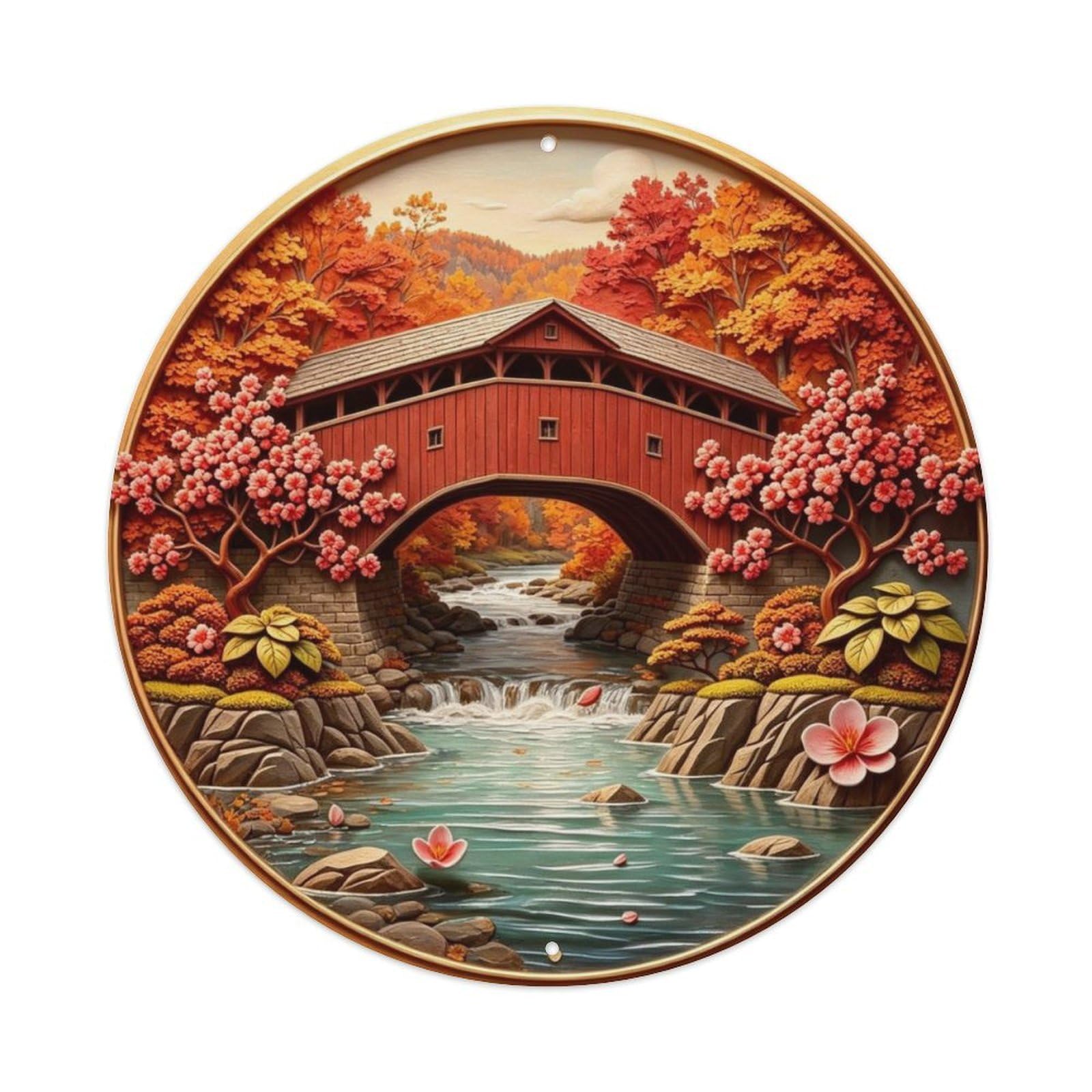 Vermont Fall Covered Bridge Metal Tin Sign Plaque