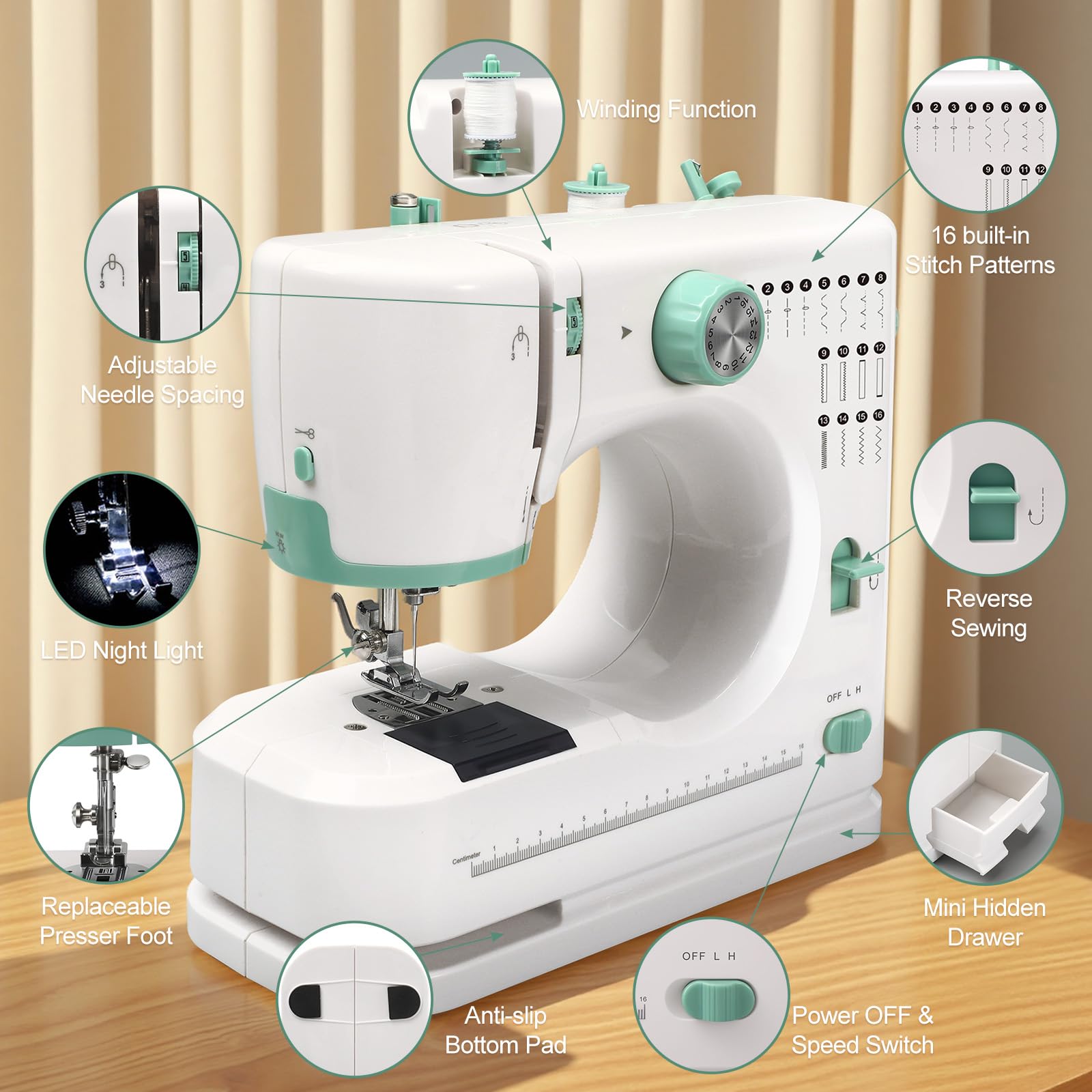 Mini-Nähmaschinen-Set für Anfänger, 32-teiliges Garn-Set, 12 integrierte Stiche, 2 Geschwindigkeiten, multifunktional, tragbar, mit Fußpedal, leicht, Näh- und Quiltmaschine zum Ausbessern von Kleidung