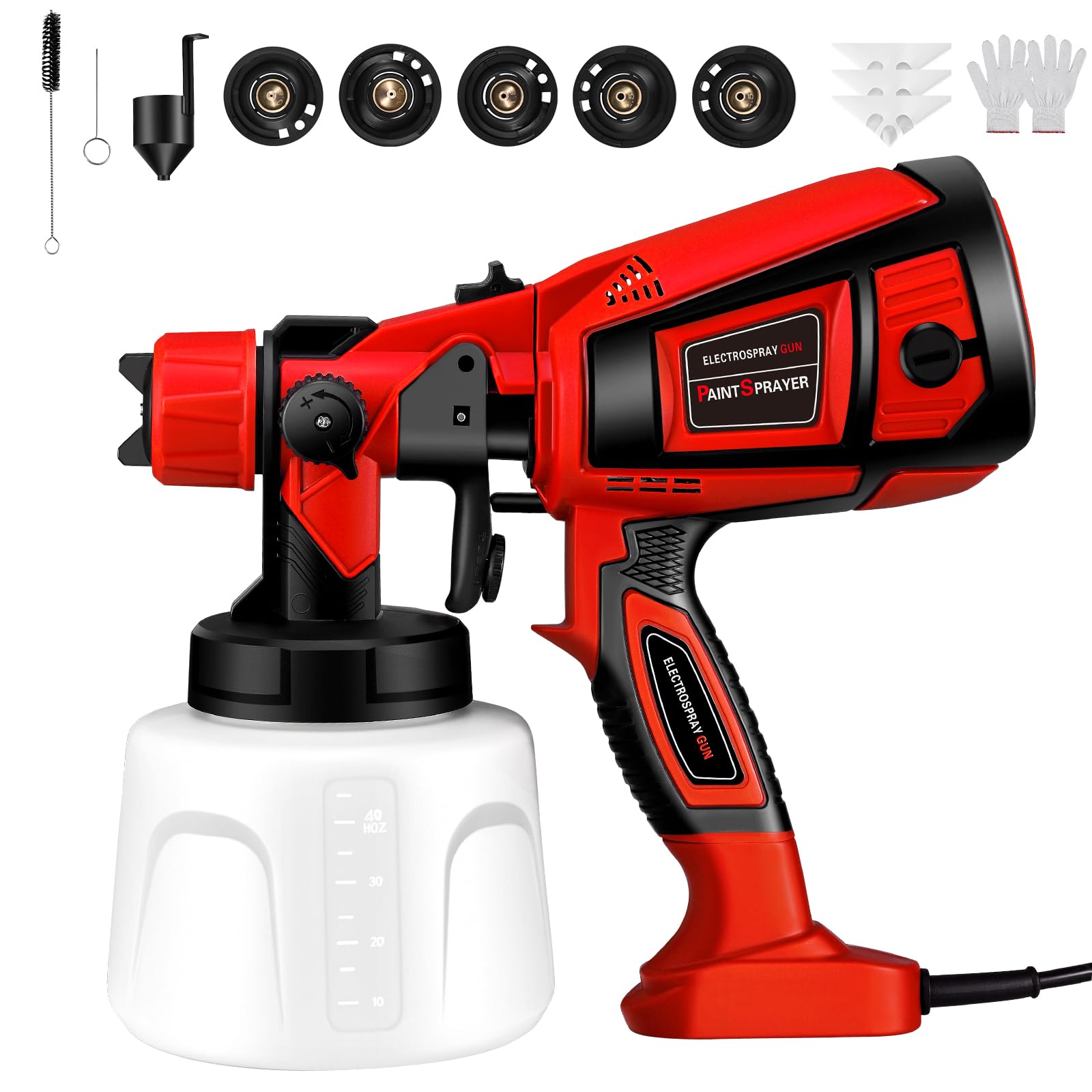 Pistola de Pintura,800W HVLP Pulverizador de Pintura Eléctrico con Recipiente de 1400ml, Flujo Máximo de 1000ml/min,4 Boquillas para la Pulverización y Limpieza del Bricolaje